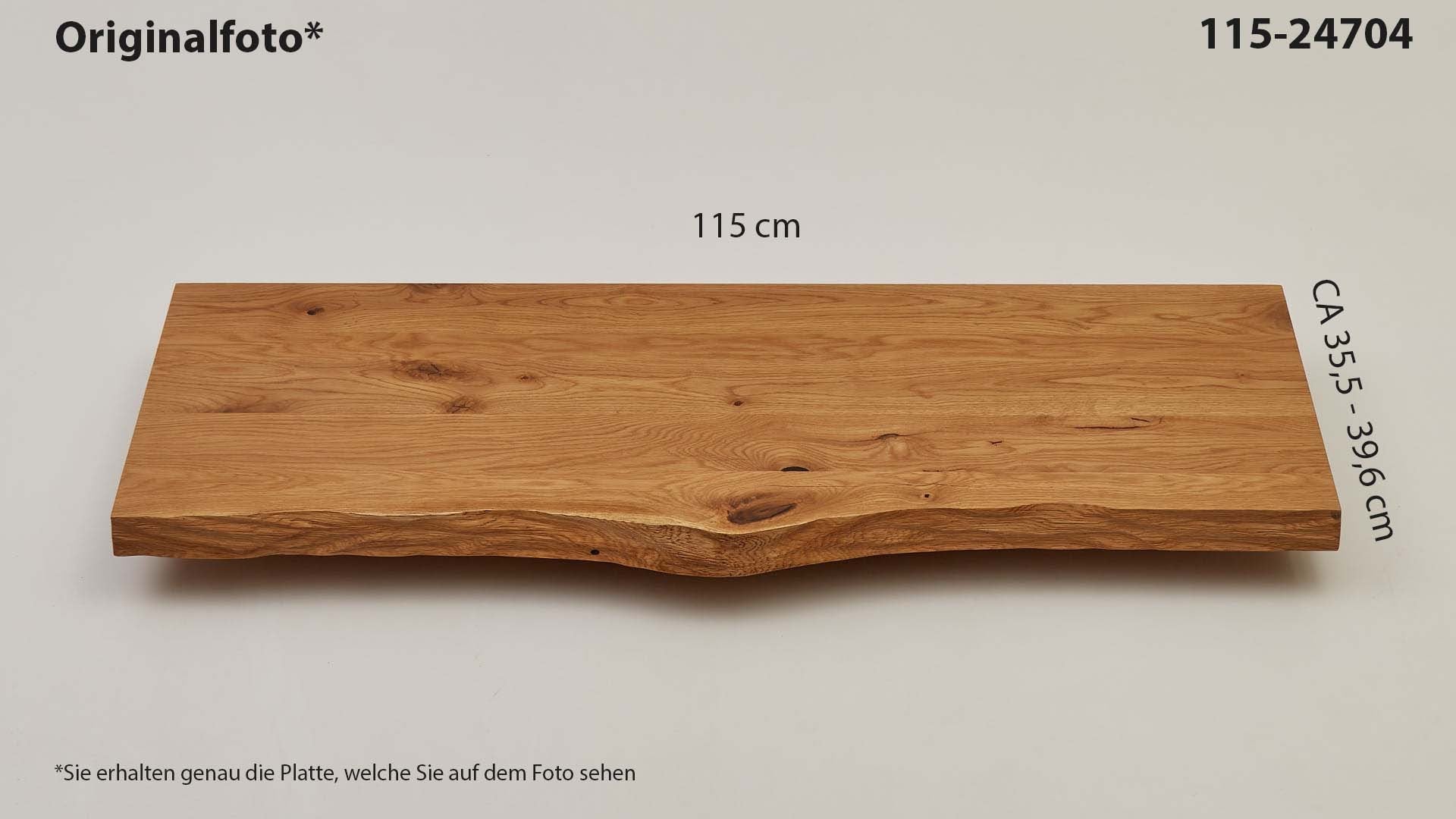 Eichenholz-Tischplatte Nummer 115-24704, Länge 115 cm cm, Breite ca. 35.5 cm–39.6 cm, mit gebürsteter Baumkante, geschliffen, 2 Schichten italienisches Öl, Äste und Risse mit Epoxidharz