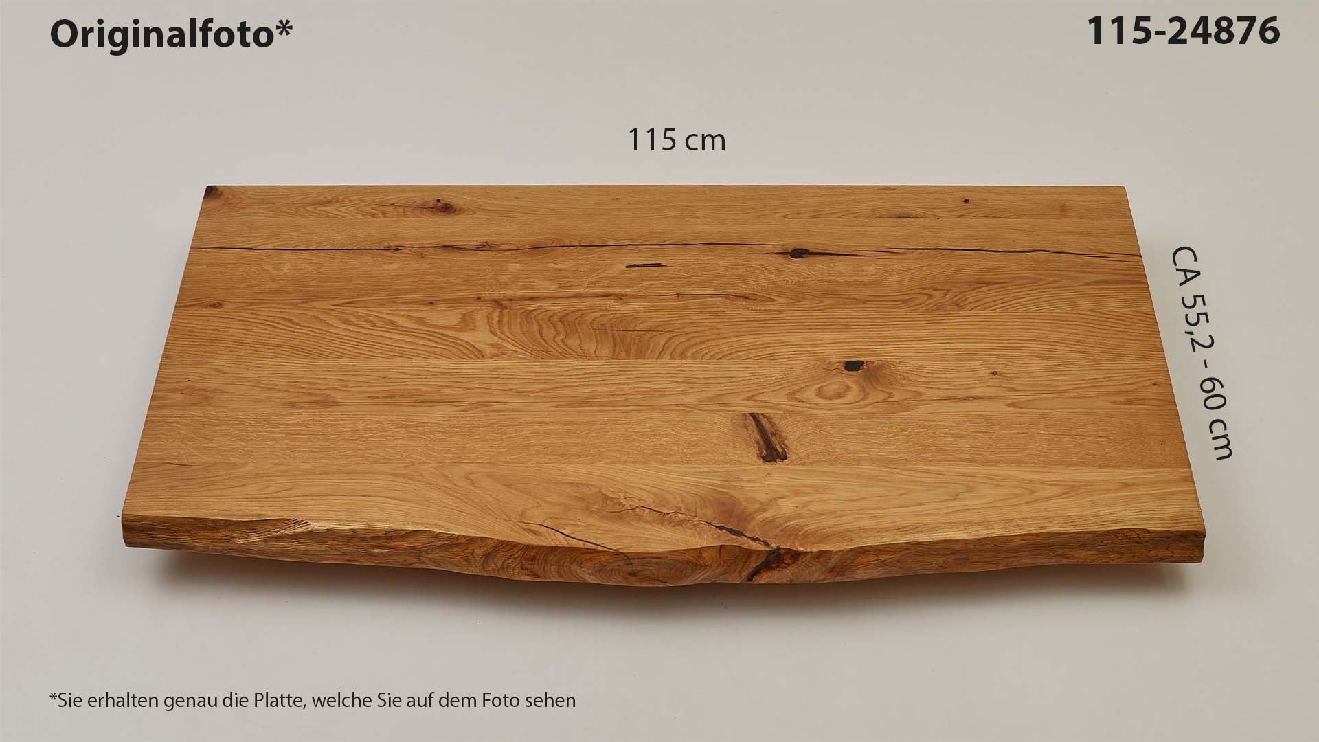 Eichenholz-Tischplatte Nummer 115-24876, Länge 115 cm cm, Breite ca. 55.2 cm–60 cm, mit gebürsteter Baumkante, geschliffen, 2 Schichten italienisches Öl, Äste und Risse mit Epoxidharz