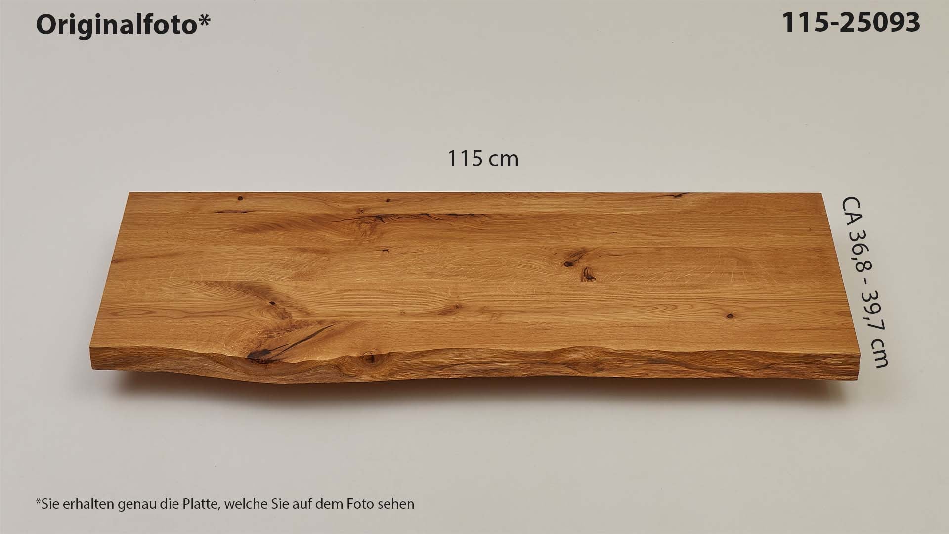 Eichenholz-Tischplatte Nummer 115-25093, Länge 115 cm cm, Breite ca. 36.8 cm–39.7 cm, mit gebürsteter Baumkante, geschliffen, 2 Schichten italienisches Öl, Äste und Risse mit Epoxidharz