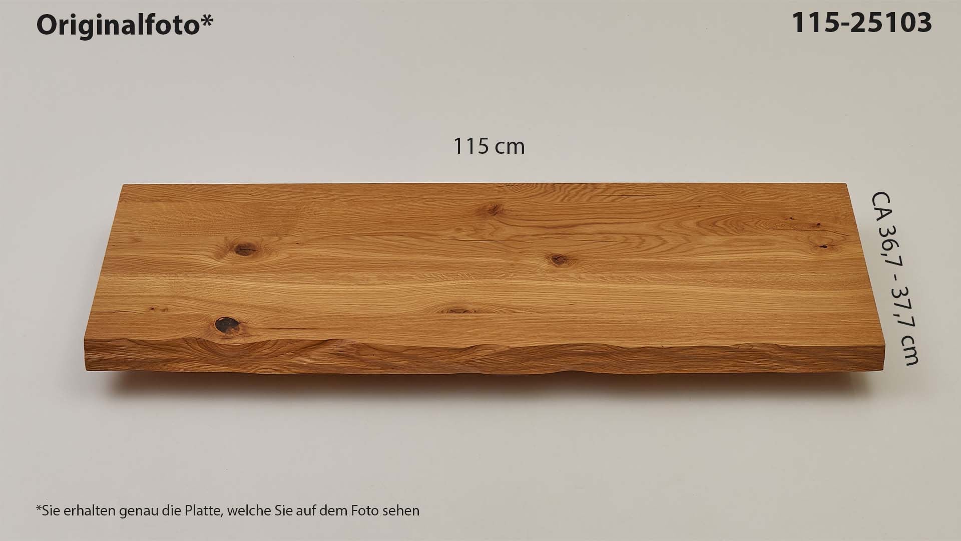 Eichenholz-Tischplatte Nummer 115-25103, Länge 115 cm cm, Breite ca. 36.7 cm–37.7 cm, mit gebürsteter Baumkante, geschliffen, 2 Schichten italienisches Öl, Äste und Risse mit Epoxidharz