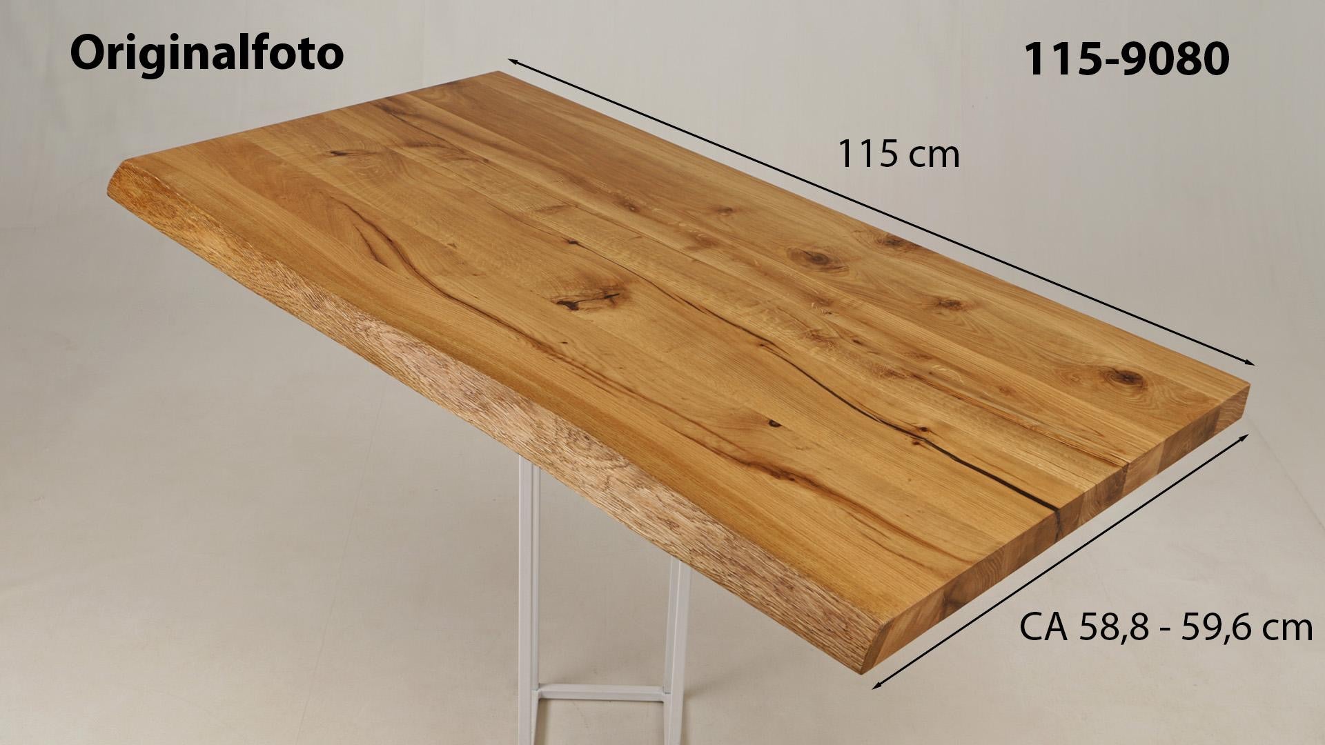 Eichenholz-Tischplatte Nummer 115-9080, Länge 115 cm cm, Breite ca. 58.8 cm–59.6 cm, mit gebürsteter Baumkante, geschliffen, 2 Schichten italienisches Öl, Äste und Risse mit Epoxidharz