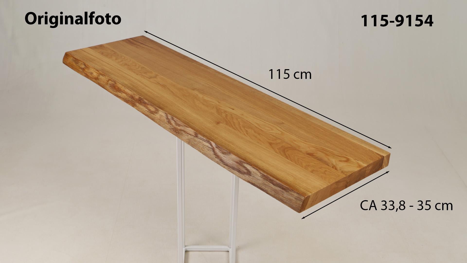 Eichenholz-Tischplatte Nummer 115-9154, Länge 115 cm cm, Breite ca. 33.8 cm–35 cm, mit gebürsteter Baumkante, geschliffen, 2 Schichten italienisches Öl, Äste und Risse mit Epoxidharz