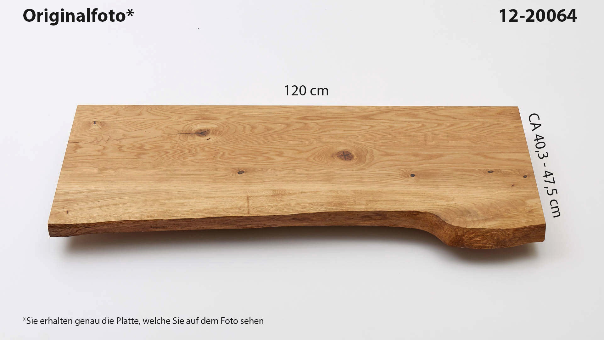 Eichenholz-Tischplatte Nummer 12-20064, Länge 120 cm cm, Breite ca. 40.3 cm–47.5 cm, mit gebürsteter Baumkante, geschliffen, 2 Schichten italienisches Öl, Äste und Risse mit Epoxidharz
