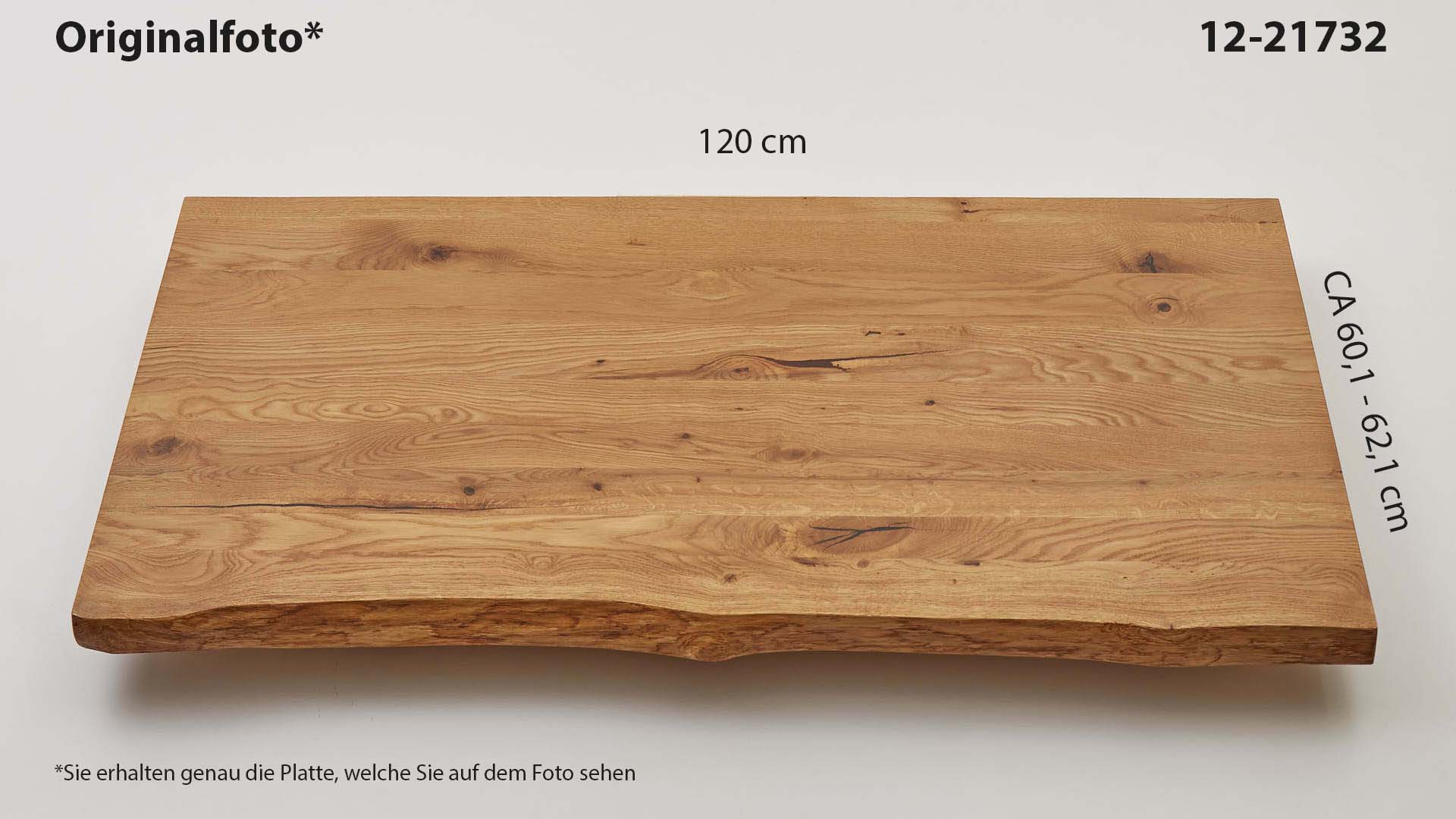 Eichenholz-Tischplatte Nummer 12-21732, Länge 120 cm cm, Breite ca. 60.1 cm–62.1 cm, mit gebürsteter Baumkante, geschliffen, 2 Schichten italienisches Öl, Äste und Risse mit Epoxidharz