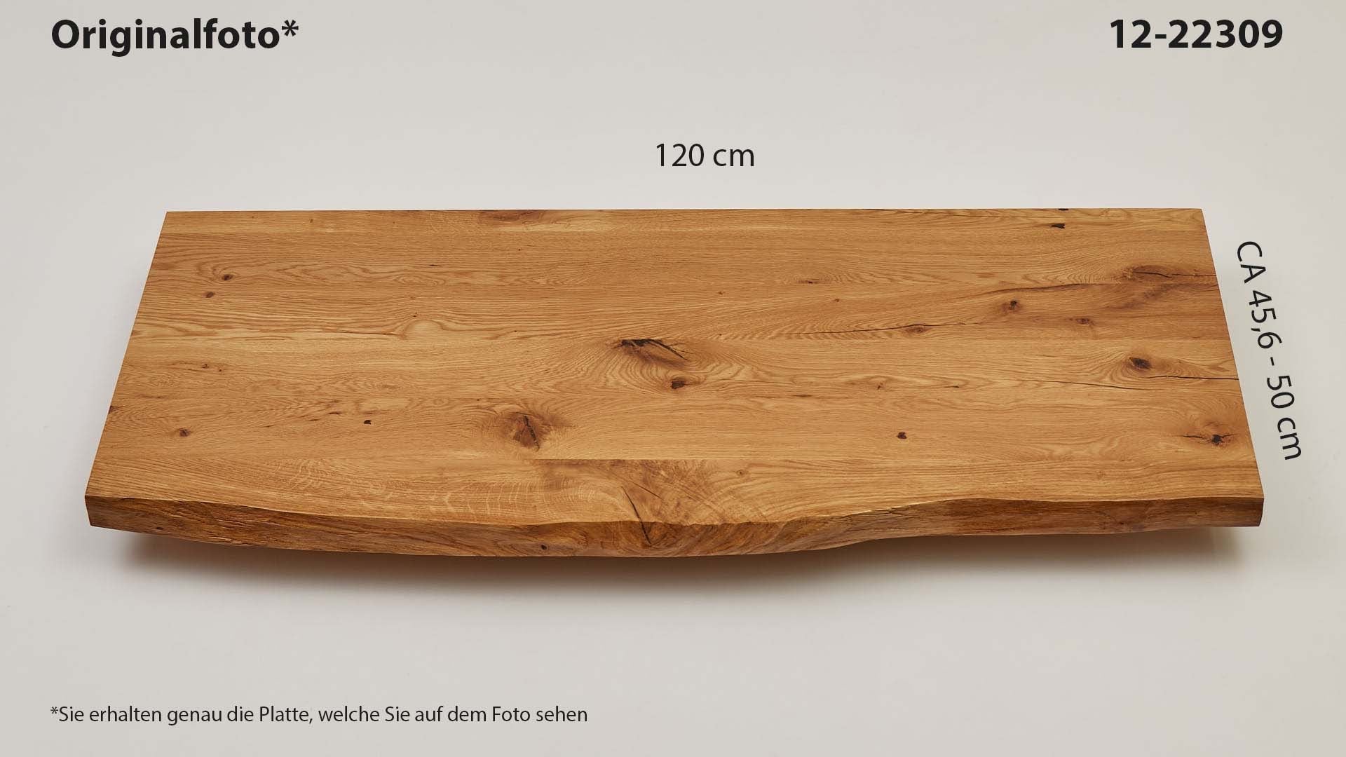 Eichenholz-Tischplatte Nummer 12-22309, Länge 120 cm cm, Breite ca. 45.6 cm–50 cm, mit gebürsteter Baumkante, geschliffen, 2 Schichten italienisches Öl, Äste und Risse mit Epoxidharz