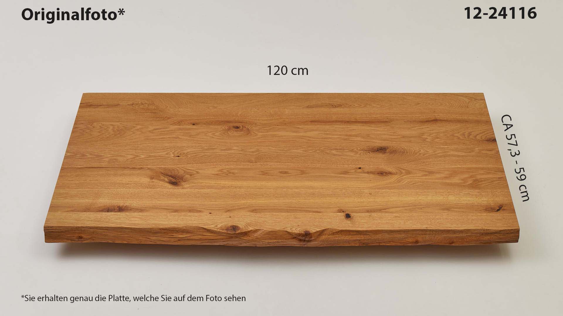 Eichenholz-Tischplatte Nummer 12-24116, Länge 120 cm cm, Breite ca. 57.3 cm–59 cm, mit gebürsteter Baumkante, geschliffen, 2 Schichten italienisches Öl, Äste und Risse mit Epoxidharz
