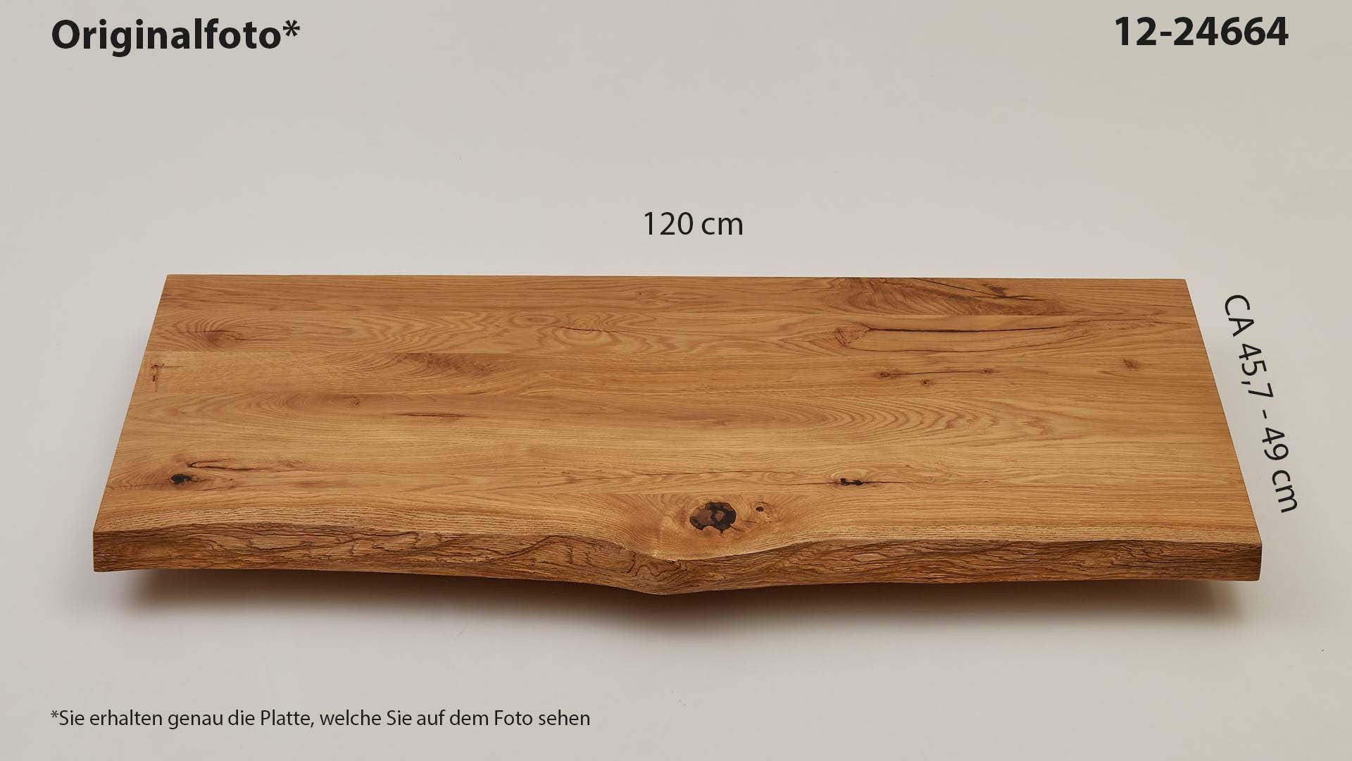 Eichenholz-Tischplatte Nummer 12-24664, Länge 120 cm cm, Breite ca. 45.7 cm–49 cm, mit gebürsteter Baumkante, geschliffen, 2 Schichten italienisches Öl, Äste und Risse mit Epoxidharz