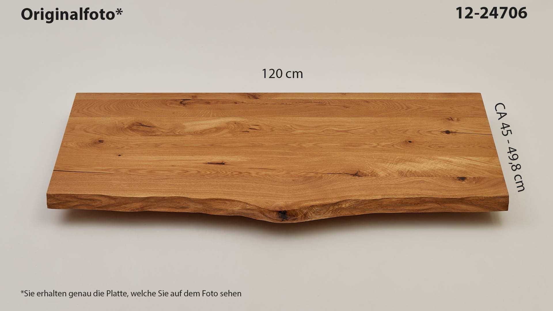 Eichenholz-Tischplatte Nummer 12-24706, Länge 120 cm cm, Breite ca. 45 cm–49.8 cm, mit gebürsteter Baumkante, geschliffen, 2 Schichten italienisches Öl, Äste und Risse mit Epoxidharz