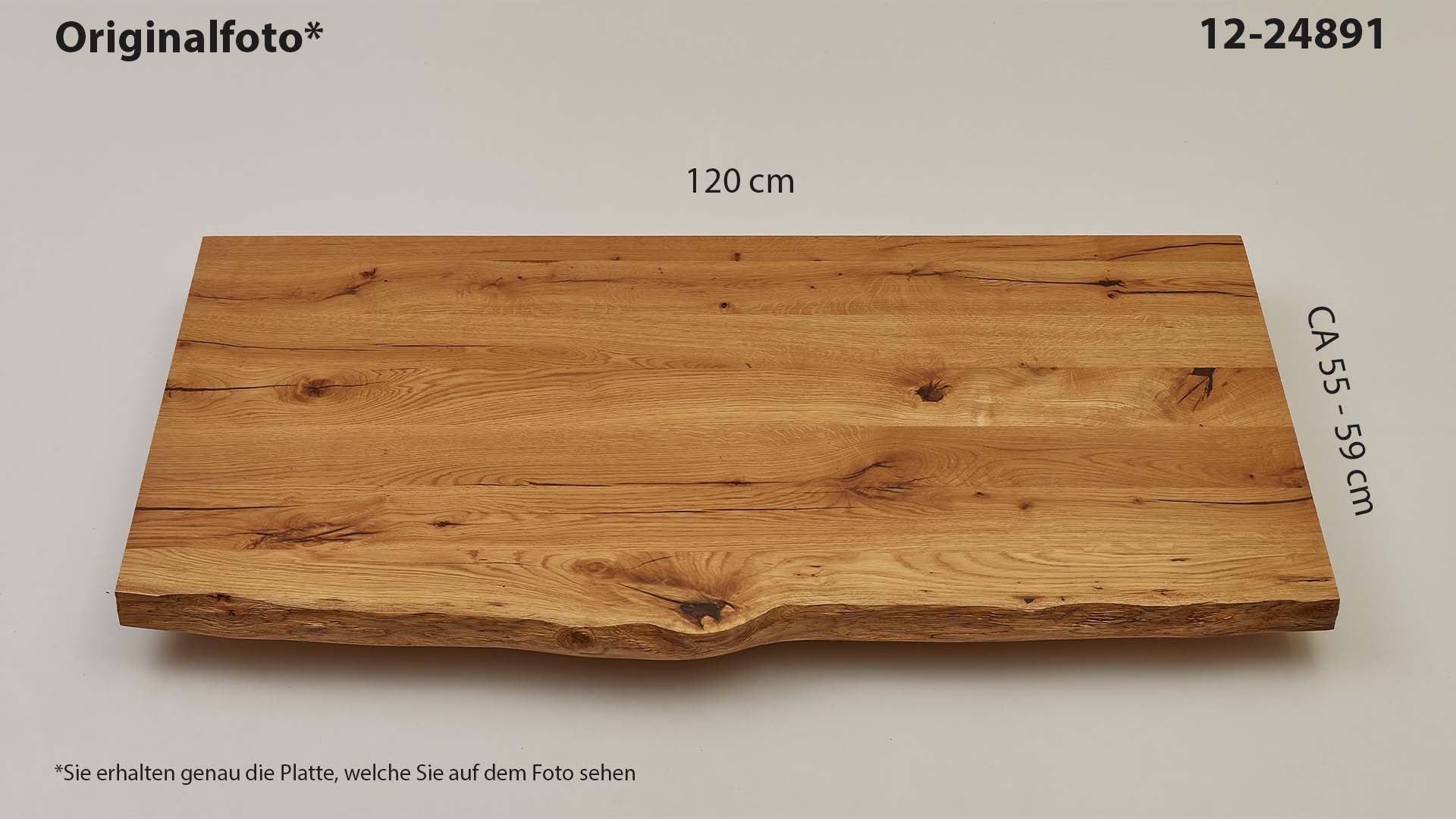 Eichenholz-Tischplatte Nummer 12-24891, Länge 120 cm cm, Breite ca. 55 cm–59 cm, mit gebürsteter Baumkante, geschliffen, 2 Schichten italienisches Öl, Äste und Risse mit Epoxidharz