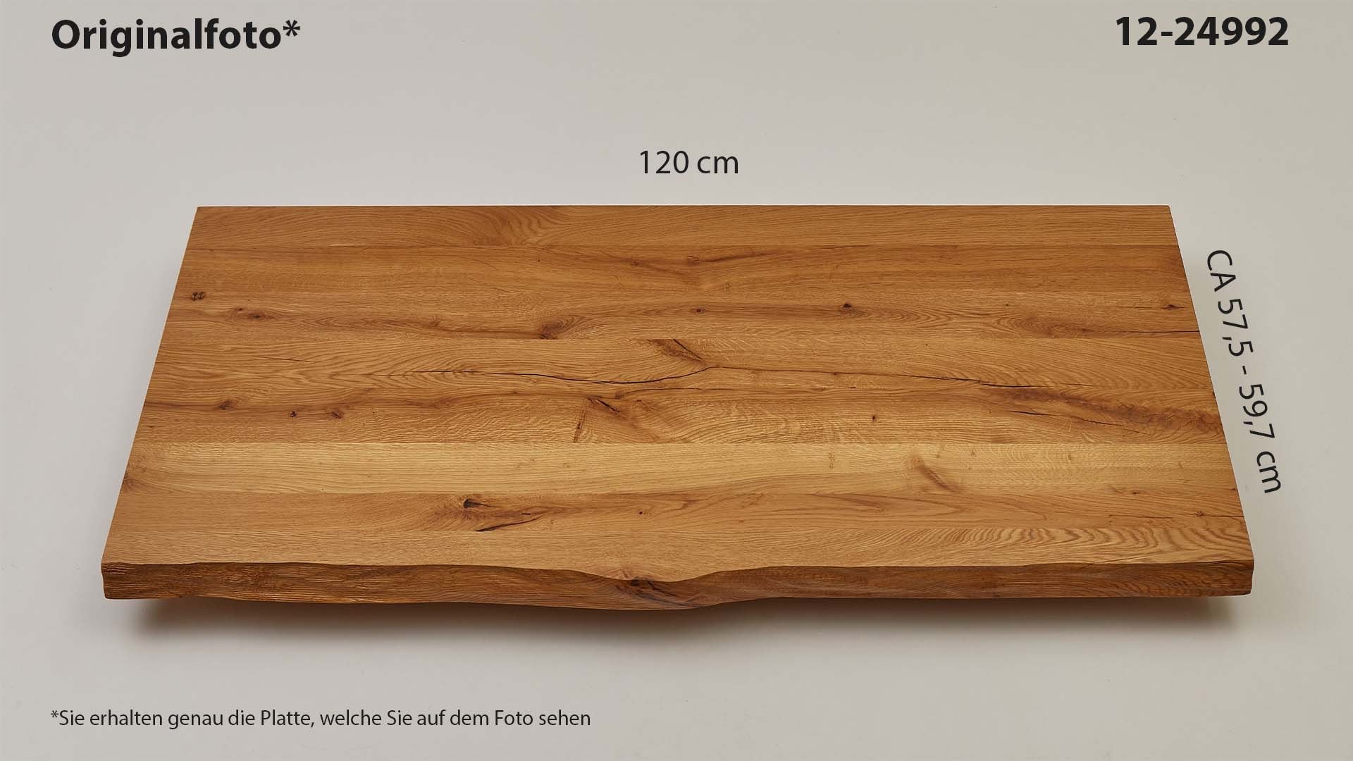 Eichenholz-Tischplatte Nummer 12-24992, Länge 120 cm cm, Breite ca. 57.5 cm–59.7 cm, mit gebürsteter Baumkante, geschliffen, 2 Schichten italienisches Öl, Äste und Risse mit Epoxidharz