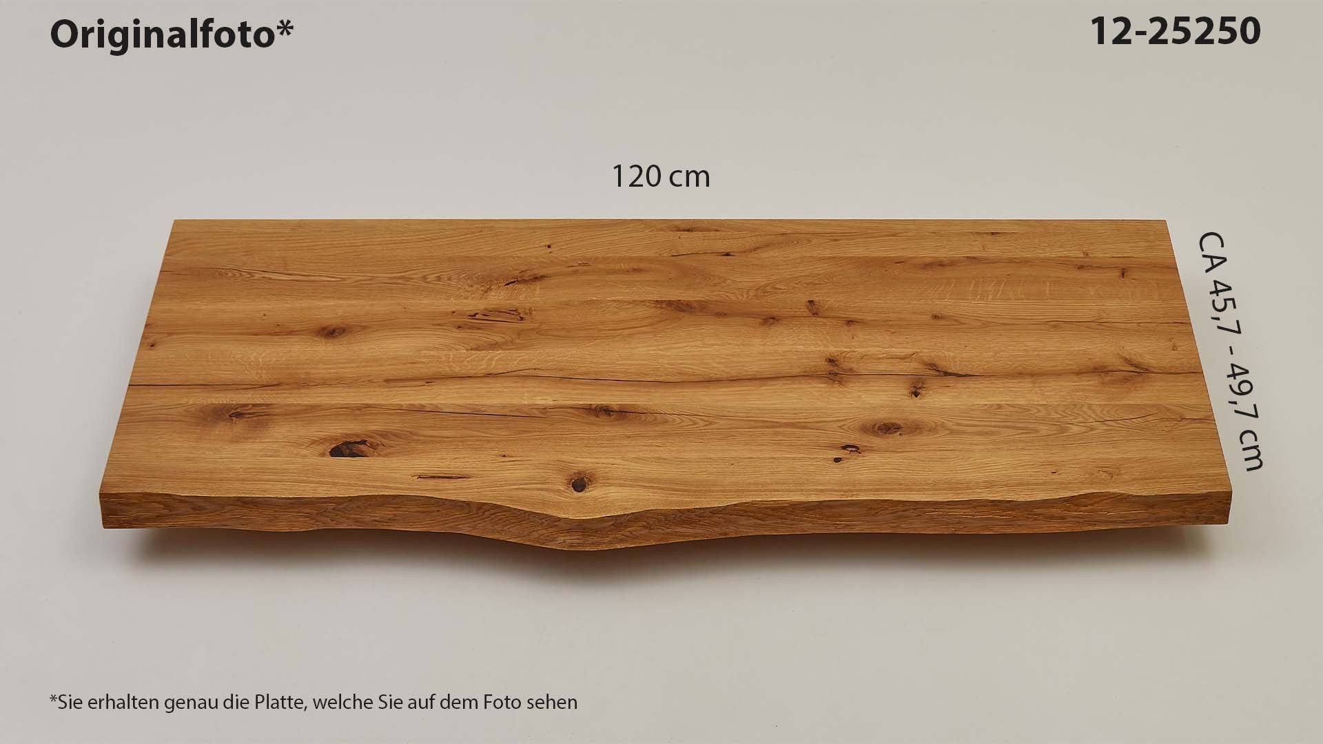 Eichenholz-Tischplatte Nummer 12-25250, Länge 120 cm cm, Breite ca. 45.7 cm–49.7 cm, mit gebürsteter Baumkante, geschliffen, 2 Schichten italienisches Öl, Äste und Risse mit Epoxidharz