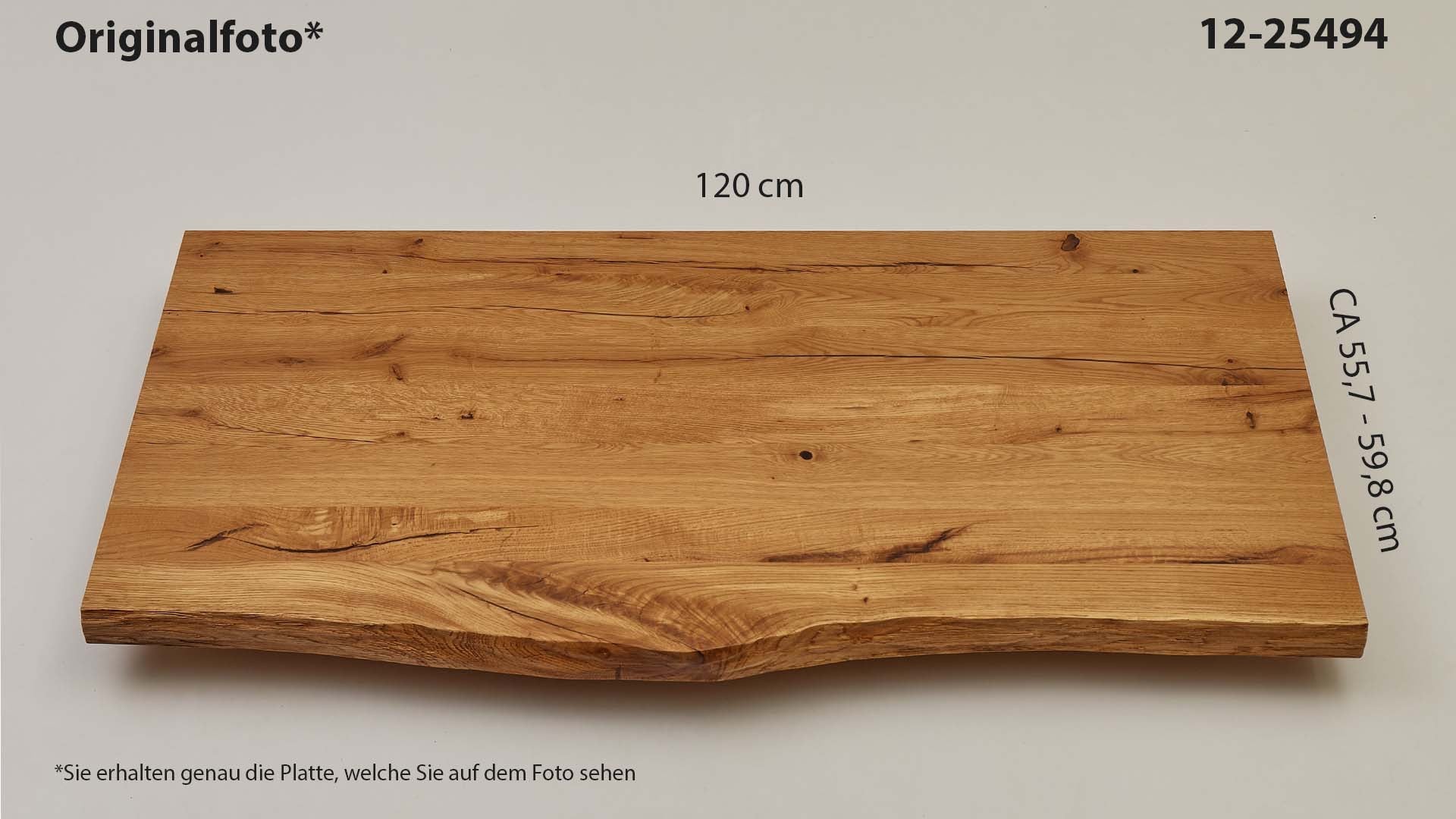 Eichenholz-Tischplatte Nummer 12-25494, Länge 120 cm cm, Breite ca. 55.7 cm–59.8 cm, mit gebürsteter Baumkante, geschliffen, 2 Schichten italienisches Öl, Äste und Risse mit Epoxidharz