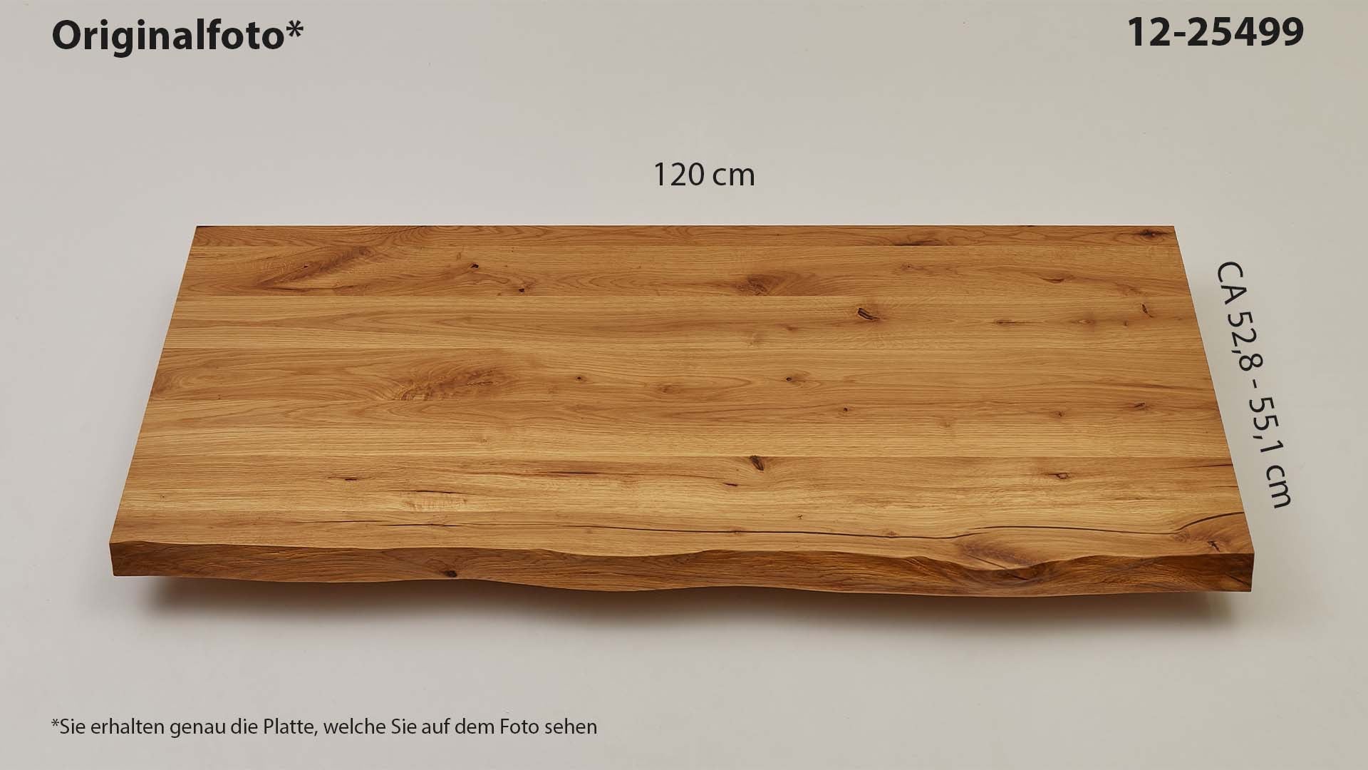 Eichenholz-Tischplatte Nummer 12-25499, Länge 120 cm cm, Breite ca. 52.8 cm–55.1 cm, mit gebürsteter Baumkante, geschliffen, 2 Schichten italienisches Öl, Äste und Risse mit Epoxidharz