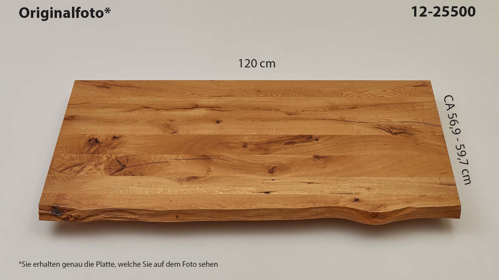 Eichenholz-Tischplatte Nummer 12-25500, Länge 120 cm cm, Breite ca. 56.9 cm–59.7 cm, mit gebürsteter Baumkante, geschliffen, 2 Schichten italienisches Öl, Äste und Risse mit Epoxidharz