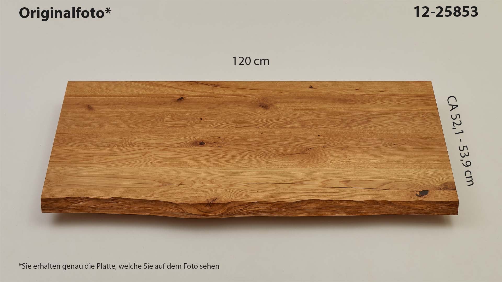 Eichenholz-Tischplatte Nummer 12-25853, Länge 120 cm cm, Breite ca. 52.1 cm–53.9 cm, mit gebürsteter Baumkante, geschliffen, 2 Schichten italienisches Öl, Äste und Risse mit Epoxidharz