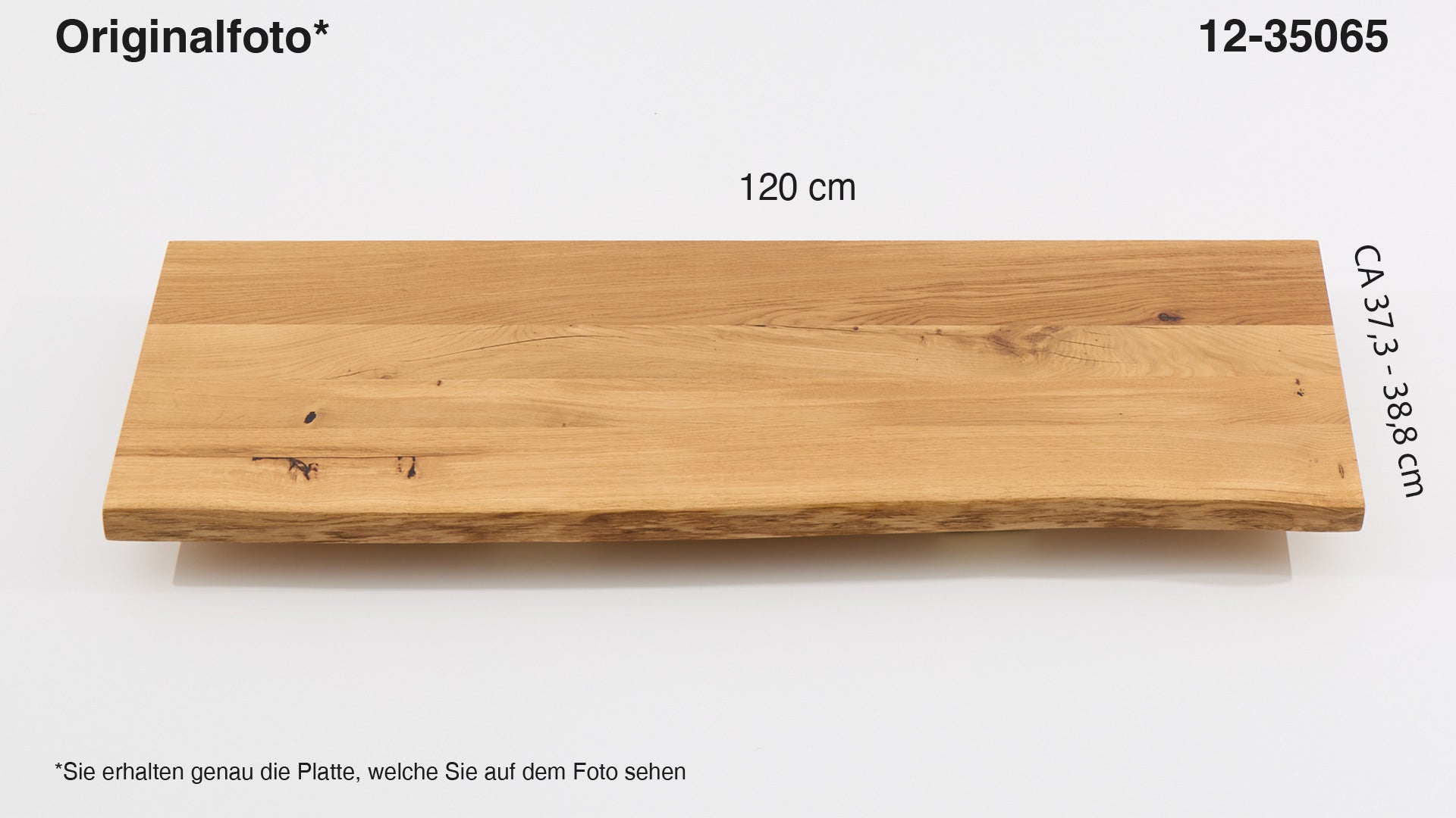 Eichenholz-Tischplatte Nummer 12-35065, Länge 120 cm cm, Breite ca. 37.3 cm–38.8 cm, mit gebürsteter Baumkante, geschliffen, 2 Schichten italienisches Öl, Äste und Risse mit Epoxidharz