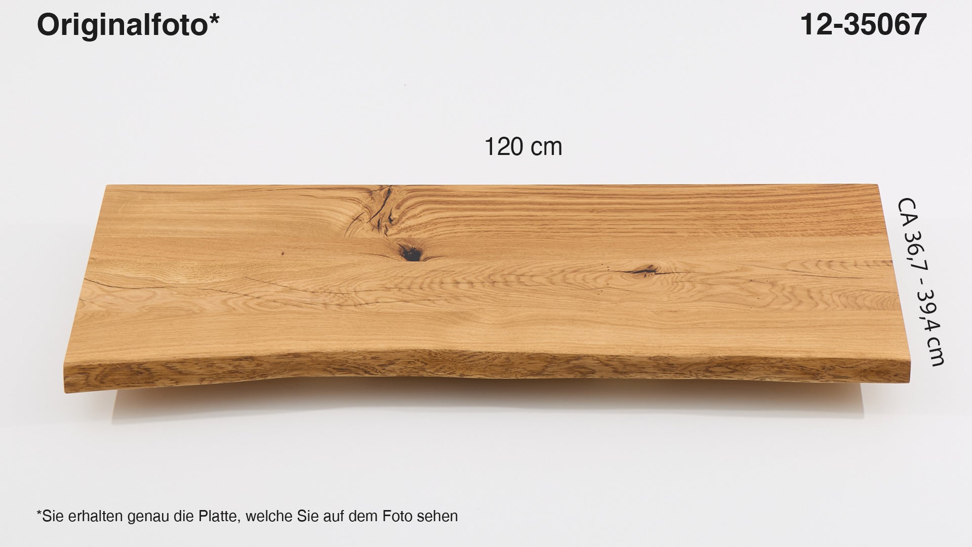 Eichenholz-Tischplatte Nummer 12-35067, Länge 120 cm cm, Breite ca. 36.7 cm–39.4 cm, mit gebürsteter Baumkante, geschliffen, 2 Schichten italienisches Öl, Äste und Risse mit Epoxidharz