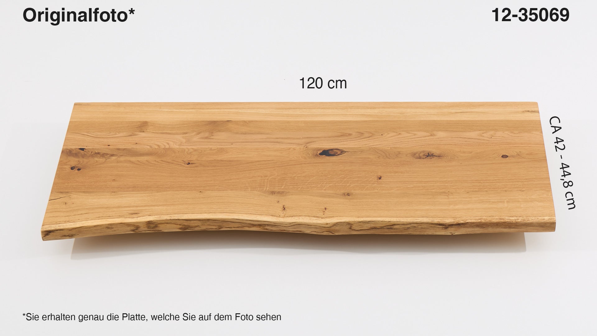 Eichenholz-Tischplatte Nummer 12-35069, Länge 120 cm cm, Breite ca. 42 cm–44.8 cm, mit gebürsteter Baumkante, geschliffen, 2 Schichten italienisches Öl, Äste und Risse mit Epoxidharz