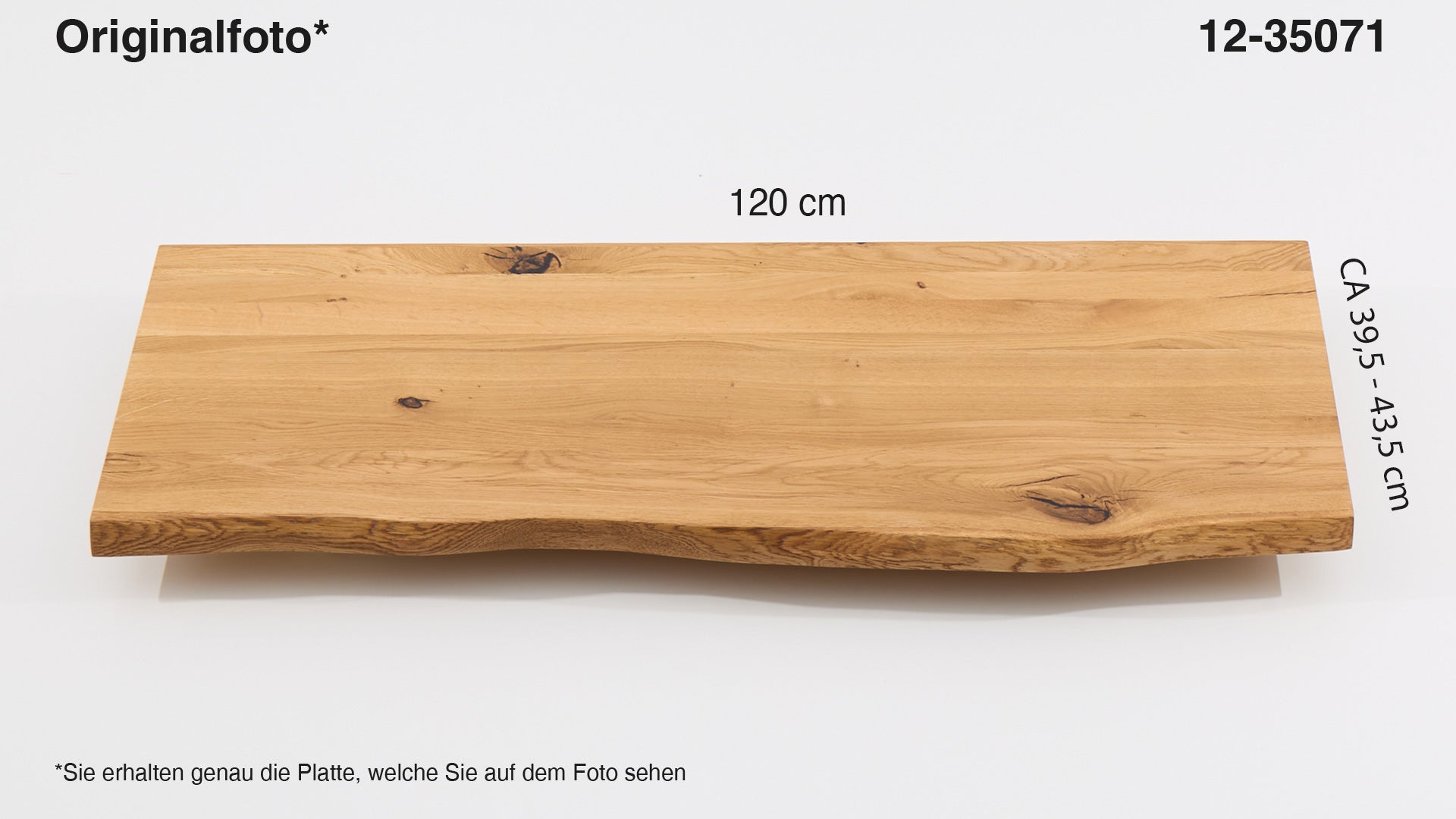 Eichenholz-Tischplatte Nummer 12-35071, Länge 120 cm cm, Breite ca. 39.5 cm–43.5 cm, mit gebürsteter Baumkante, geschliffen, 2 Schichten italienisches Öl, Äste und Risse mit Epoxidharz