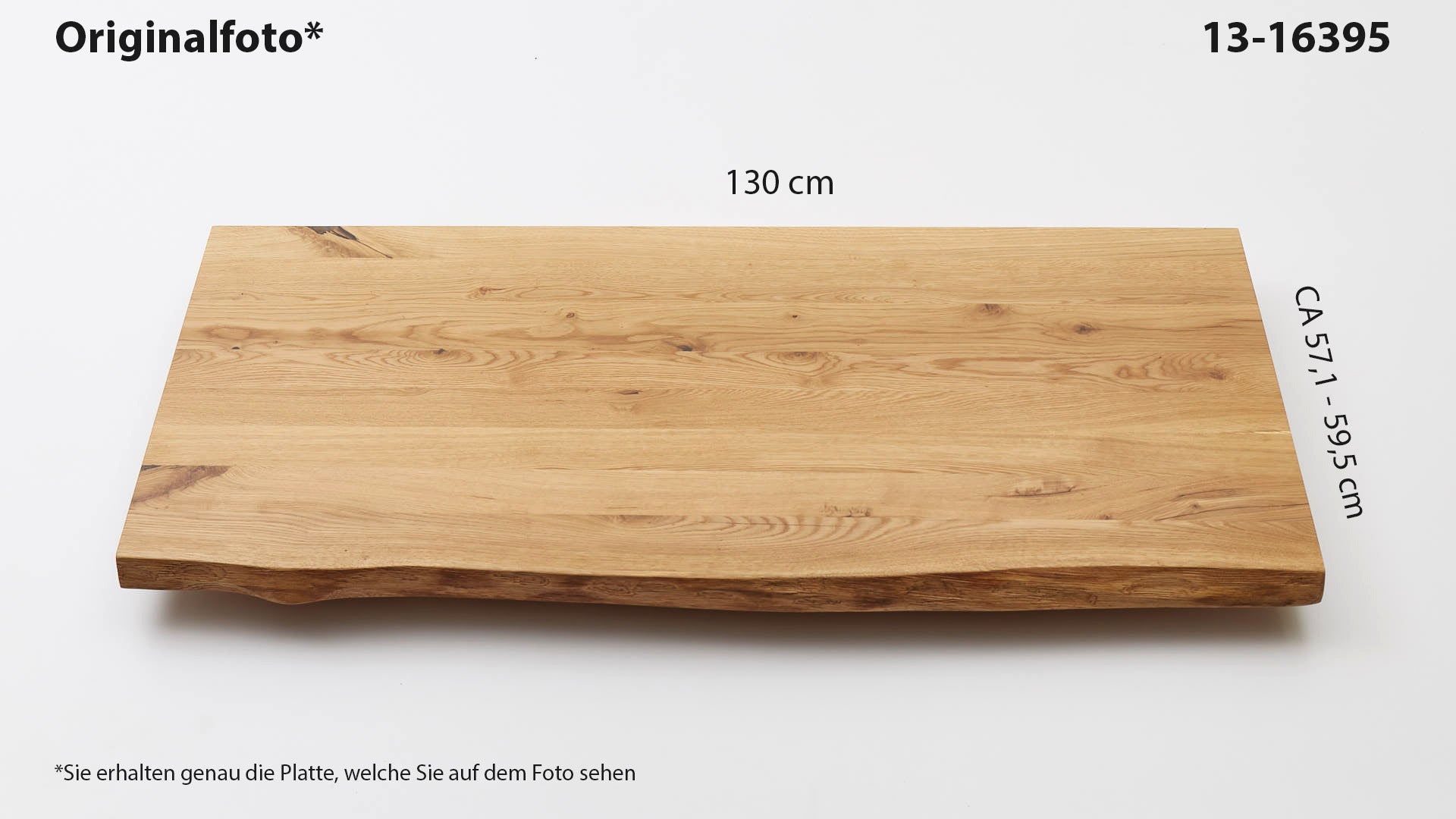 Eichenholz-Tischplatte Nummer 13-16395, Länge 130 cm cm, Breite ca. 57.1 cm–59.5 cm, mit gebürsteter Baumkante, geschliffen, 2 Schichten italienisches Öl, Äste und Risse mit Epoxidharz