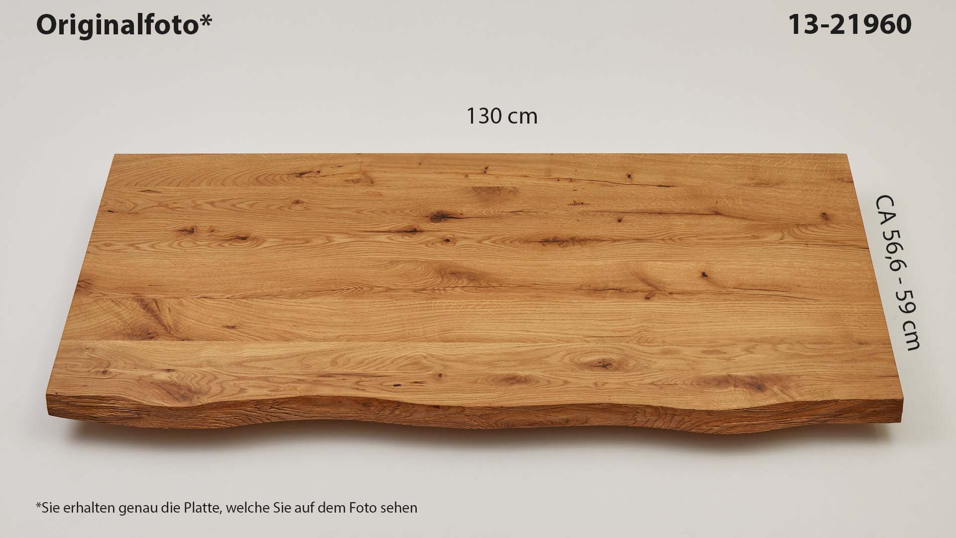 Eichenholz-Tischplatte Nummer 13-21960, Länge 130 cm cm, Breite ca. 56.6 cm–59 cm, mit gebürsteter Baumkante, geschliffen, 2 Schichten italienisches Öl, Äste und Risse mit Epoxidharz