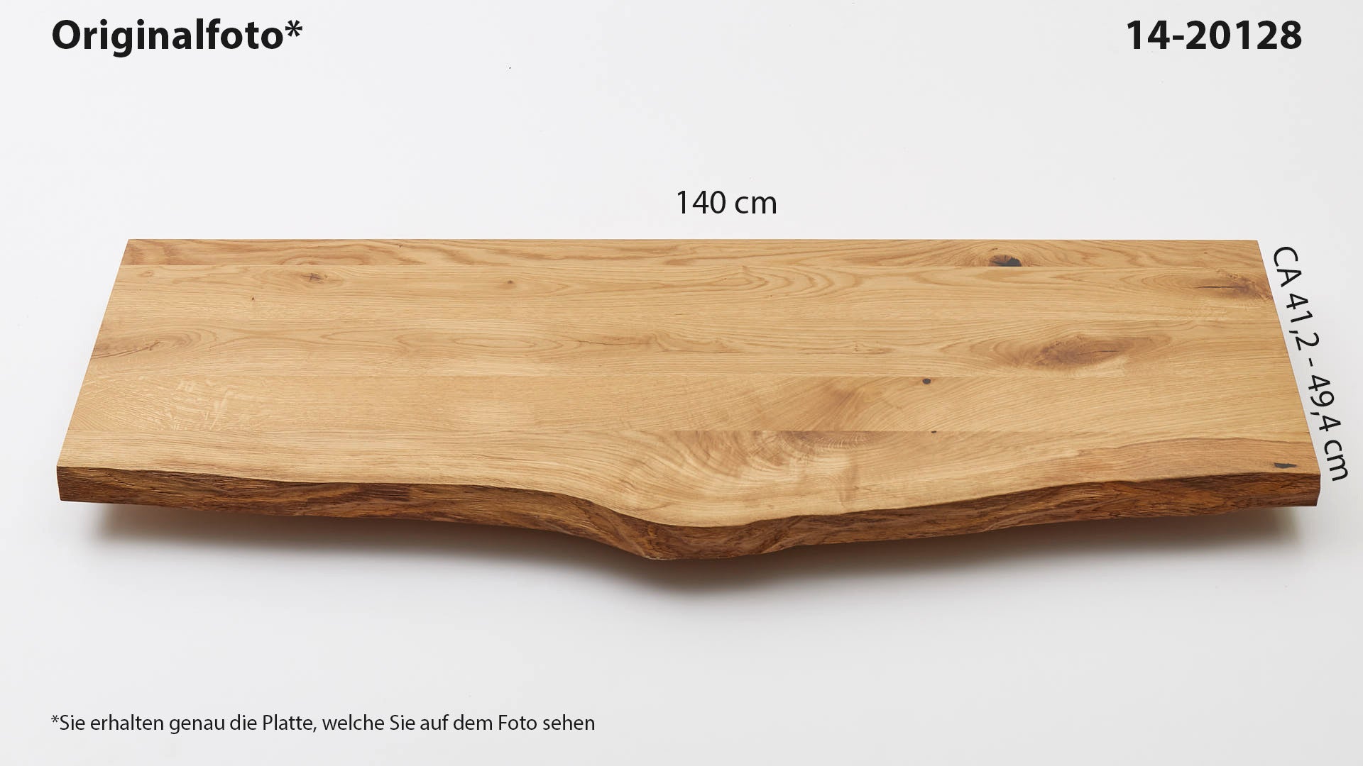 Eichenholz-Tischplatte Nummer 14-20128, Länge 140 cm cm, Breite ca. 41.2 cm–49.4 cm, mit gebürsteter Baumkante, geschliffen, 2 Schichten italienisches Öl, Äste und Risse mit Epoxidharz