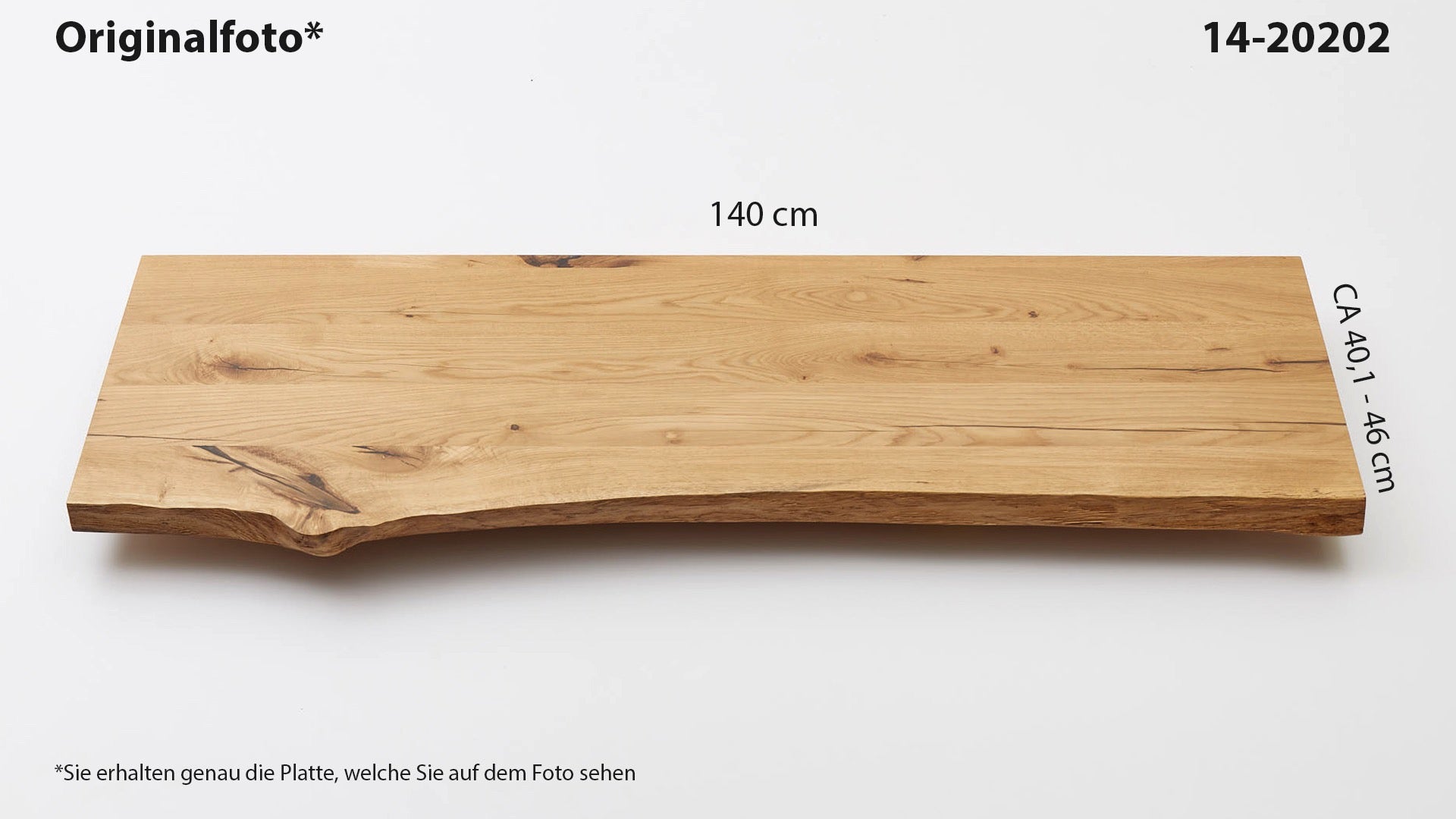 Eichenholz-Tischplatte Nummer 14-20202, Länge 140 cm cm, Breite ca. 40.1 cm–46 cm, mit gebürsteter Baumkante, geschliffen, 2 Schichten italienisches Öl, Äste und Risse mit Epoxidharz