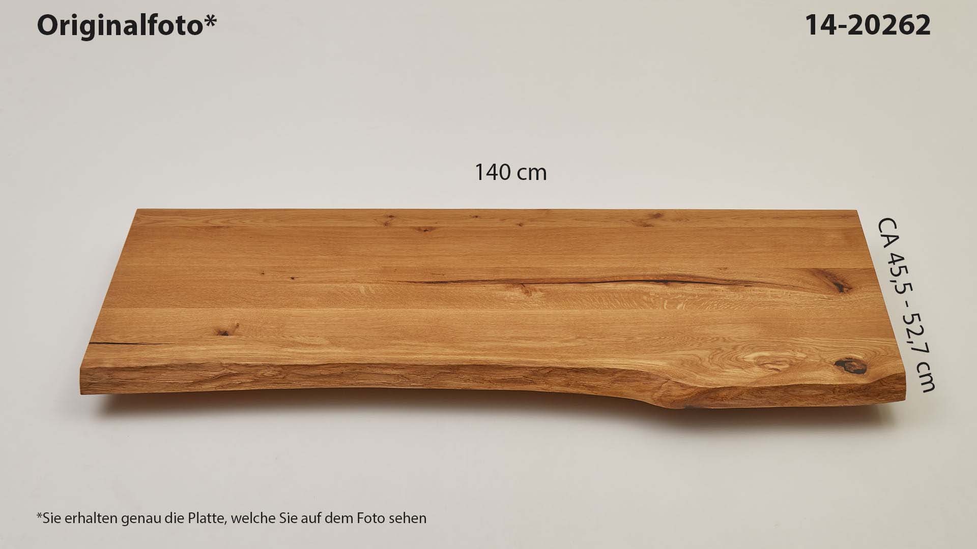 Eichenholz-Tischplatte Nummer 14-20262, Länge 140 cm cm, Breite ca. 45.5 cm–52.7 cm, mit gebürsteter Baumkante, geschliffen, 2 Schichten italienisches Öl, Äste und Risse mit Epoxidharz