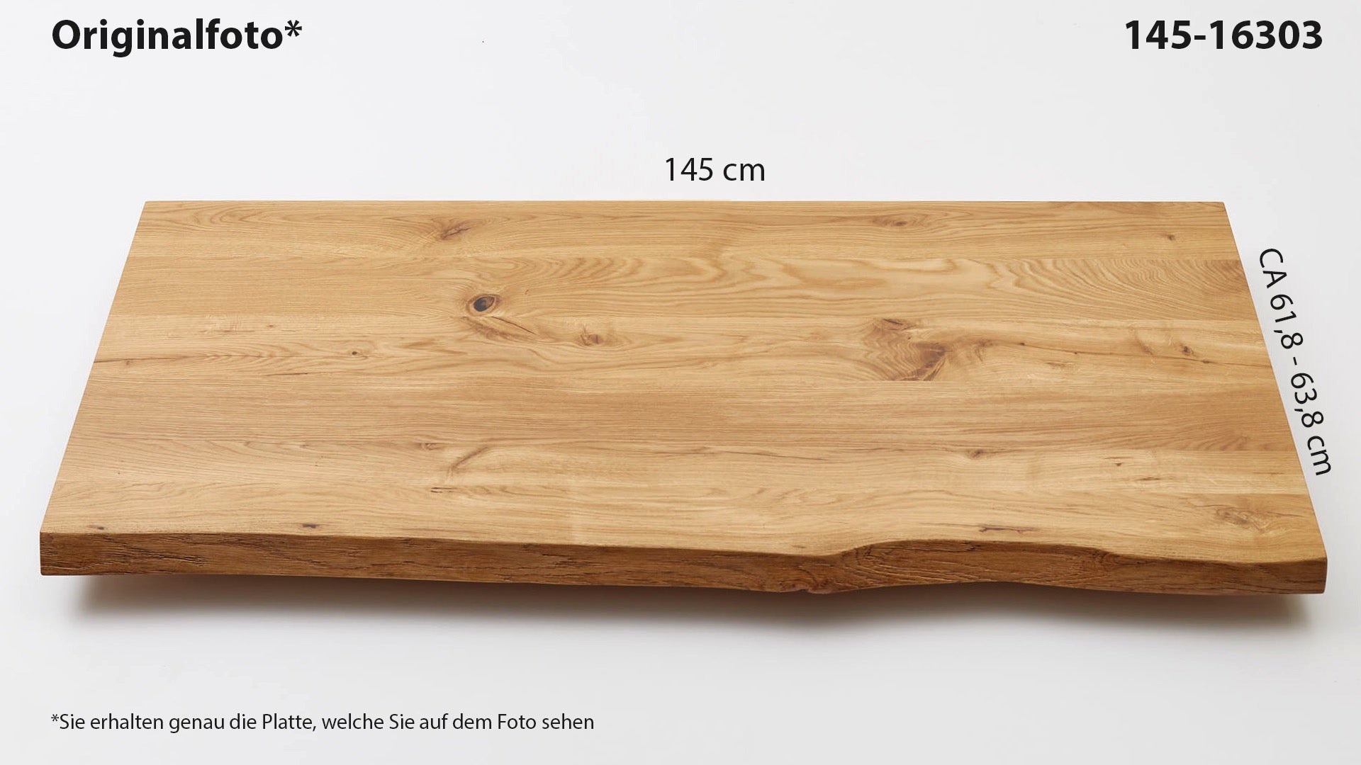 Eichenholz-Tischplatte Nummer 145-16303, Länge 145 cm cm, Breite ca. 61.8 cm–63.8 cm, mit gebürsteter Baumkante, geschliffen, 2 Schichten italienisches Öl, Äste und Risse mit Epoxidharz
