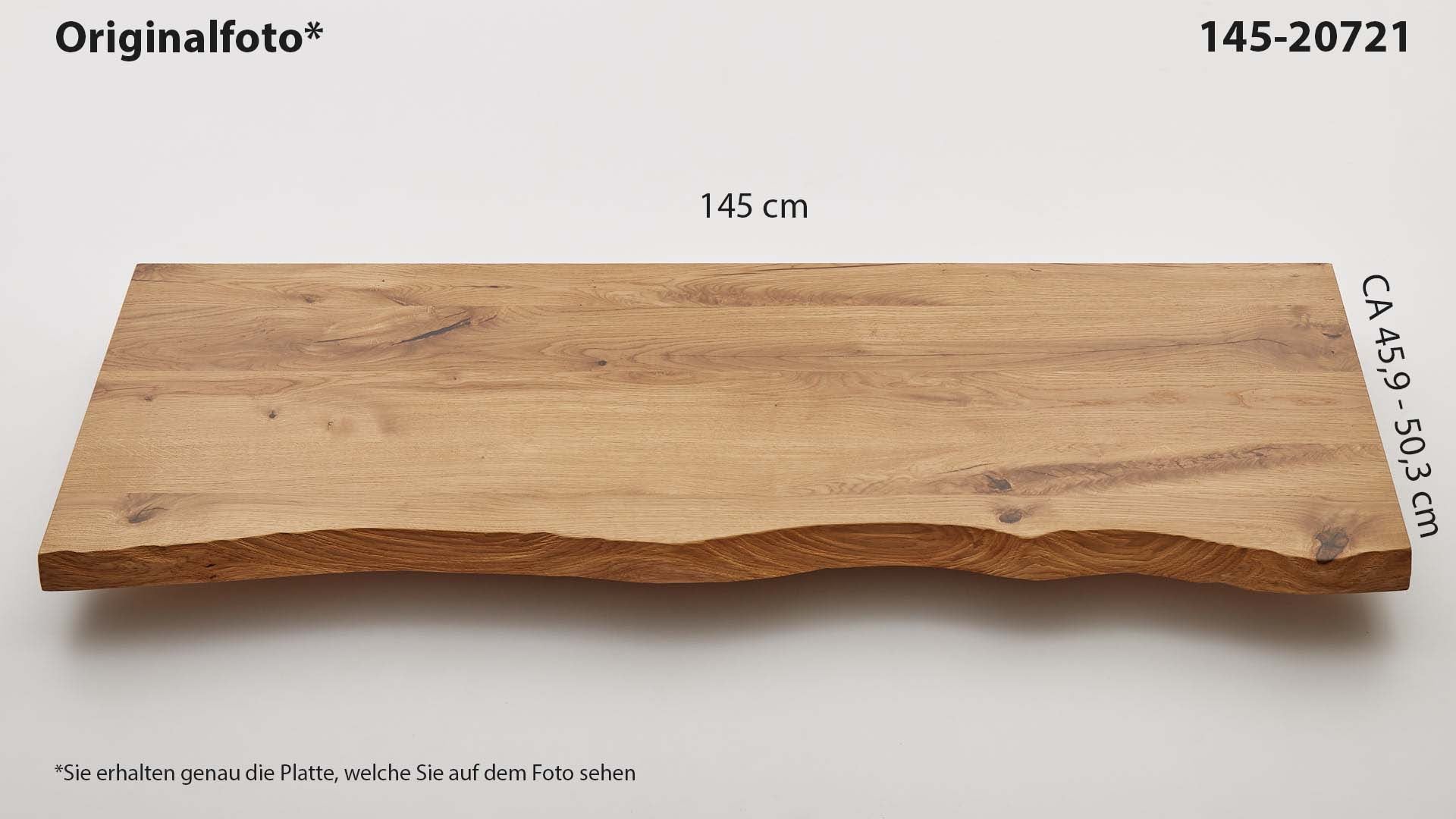 Eichenholz-Tischplatte Nummer 145-20721, Länge 145 cm cm, Breite ca. 45.9 cm–50.3 cm, mit gebürsteter Baumkante, geschliffen, 2 Schichten italienisches Öl, Äste und Risse mit Epoxidharz
