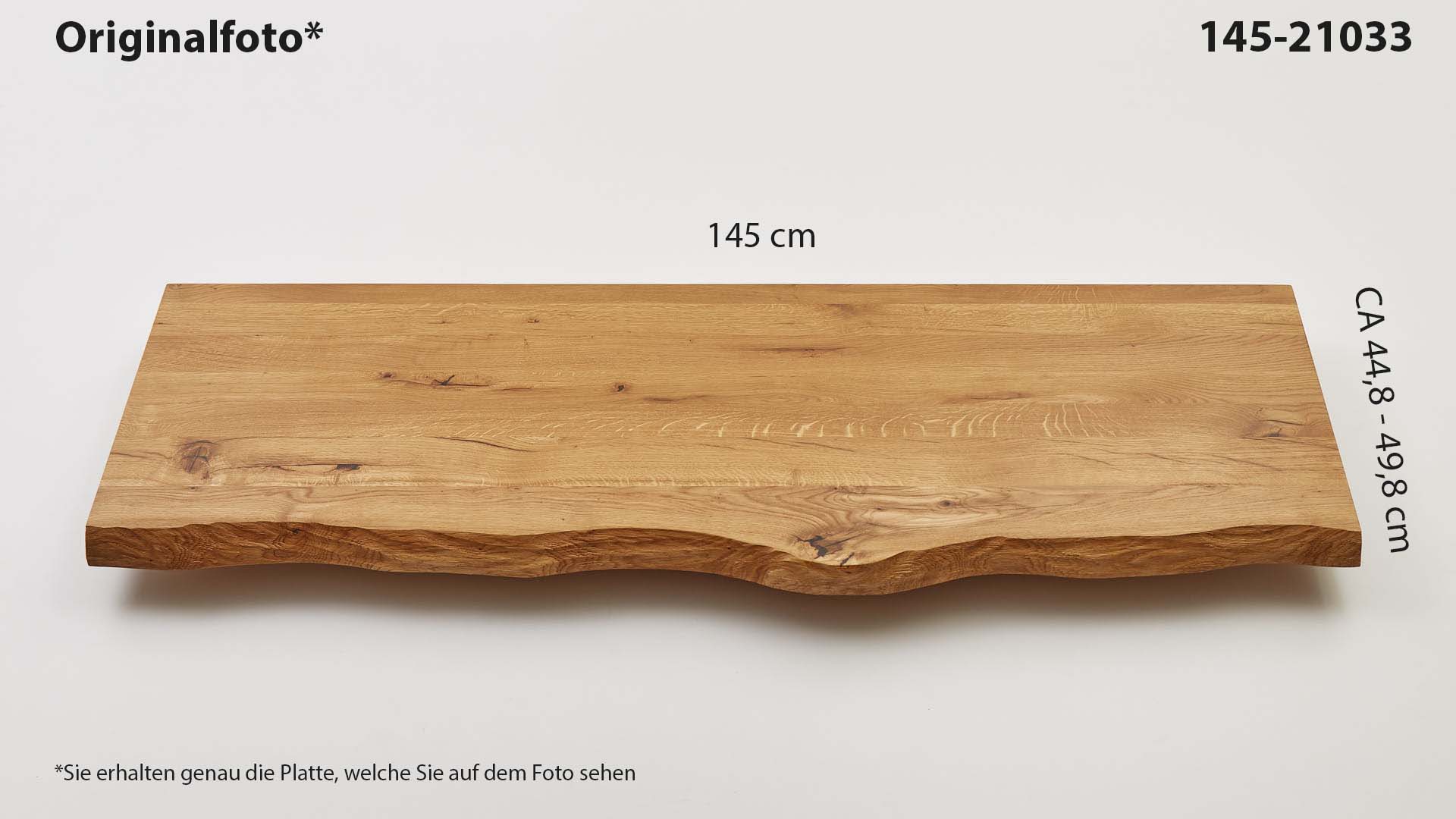 Eichenholz-Tischplatte Nummer 145-21033, Länge 145 cm cm, Breite ca. 44.8 cm–49.8 cm, mit gebürsteter Baumkante, geschliffen, 2 Schichten italienisches Öl, Äste und Risse mit Epoxidharz