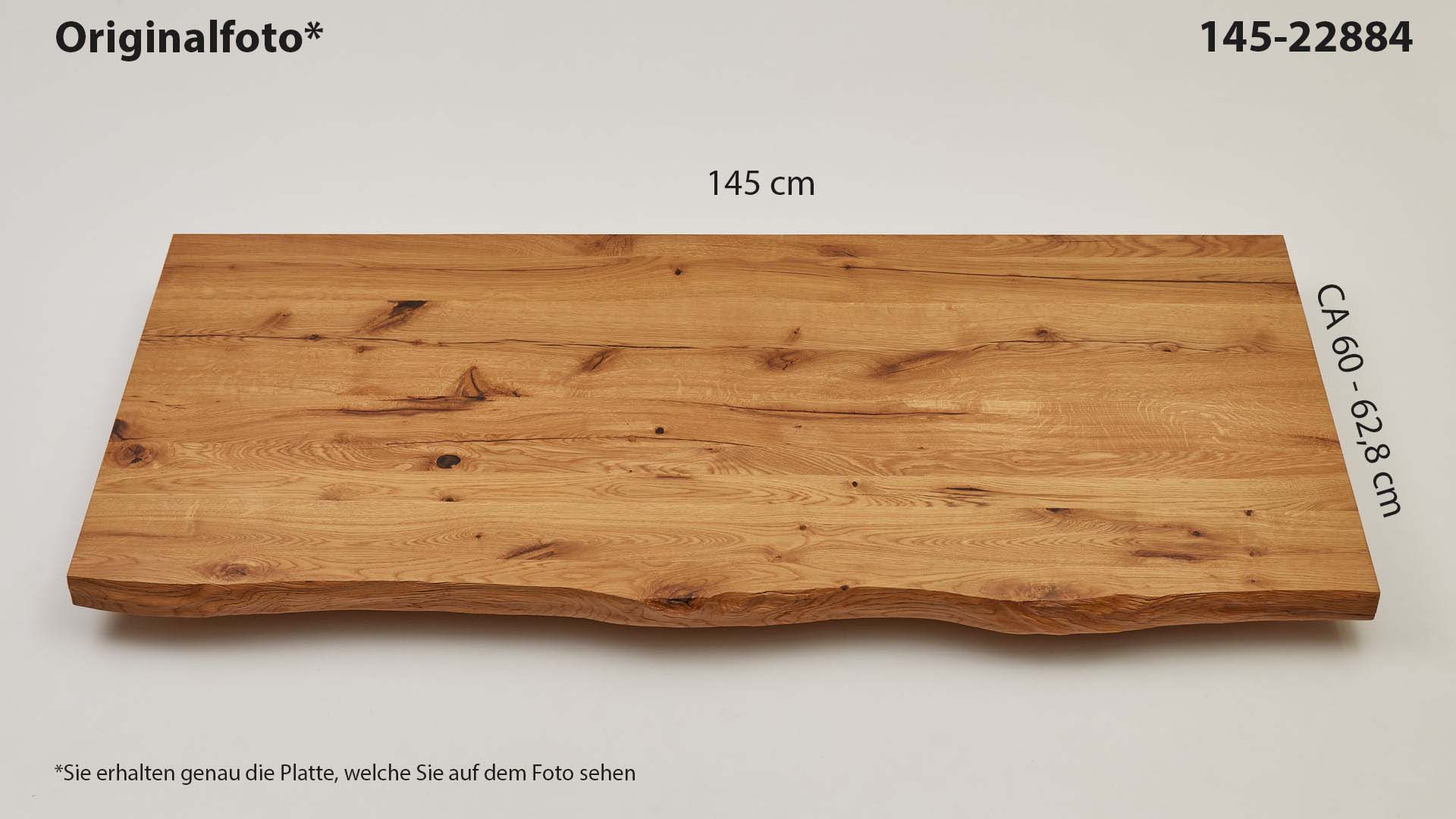 Eichenholz-Tischplatte Nummer 145-22884, Länge 145 cm cm, Breite ca. 60 cm–62.8 cm, mit gebürsteter Baumkante, geschliffen, 2 Schichten italienisches Öl, Äste und Risse mit Epoxidharz