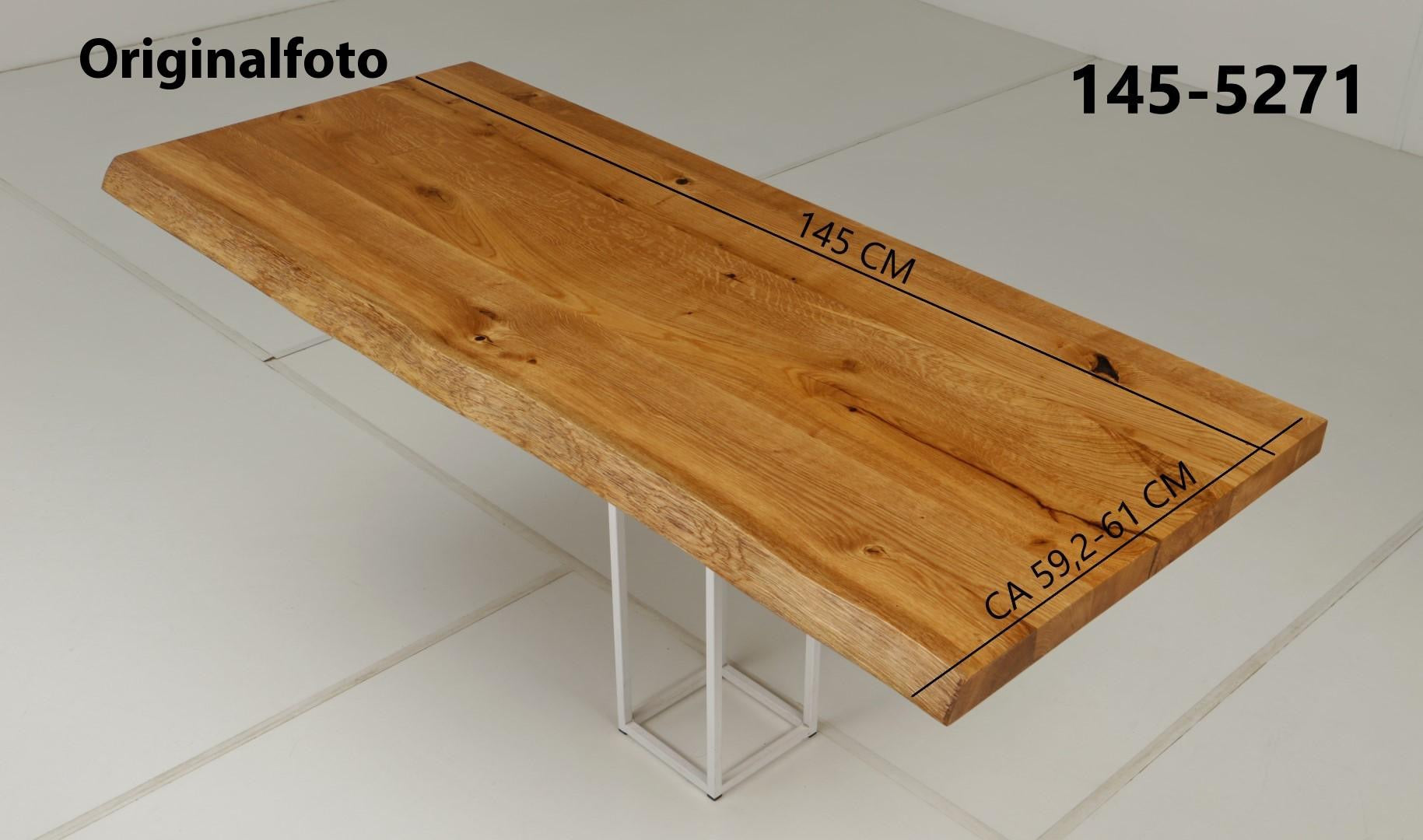 Eichenholz-Tischplatte Nummer 145-5271, Länge 145 cm cm, Breite ca. 59.2 cm–61 cm, mit gebürsteter Baumkante, geschliffen, 2 Schichten italienisches Öl, Äste und Risse mit Epoxidharz