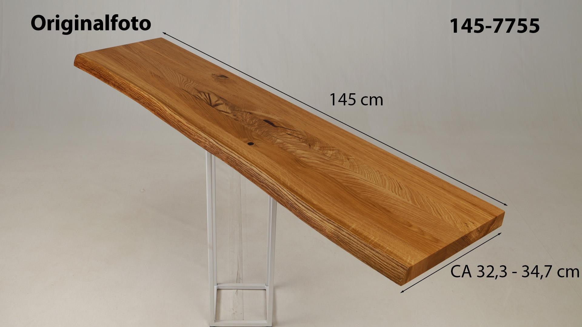 Eichenholz-Tischplatte Nummer 145-7755, Länge 145 cm cm, Breite ca. 32.3 cm–34.7 cm, mit gebürsteter Baumkante, geschliffen, 2 Schichten italienisches Öl, Äste und Risse mit Epoxidharz