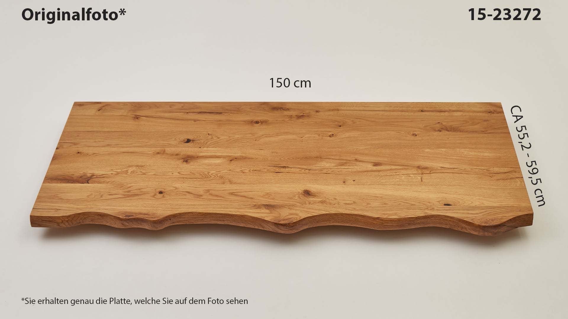 Eichenholz-Tischplatte Nummer 15-23272, Länge 150 cm cm, Breite ca. 55.2 cm–59.5 cm, mit gebürsteter Baumkante, geschliffen, 2 Schichten italienisches Öl, Äste und Risse mit Epoxidharz