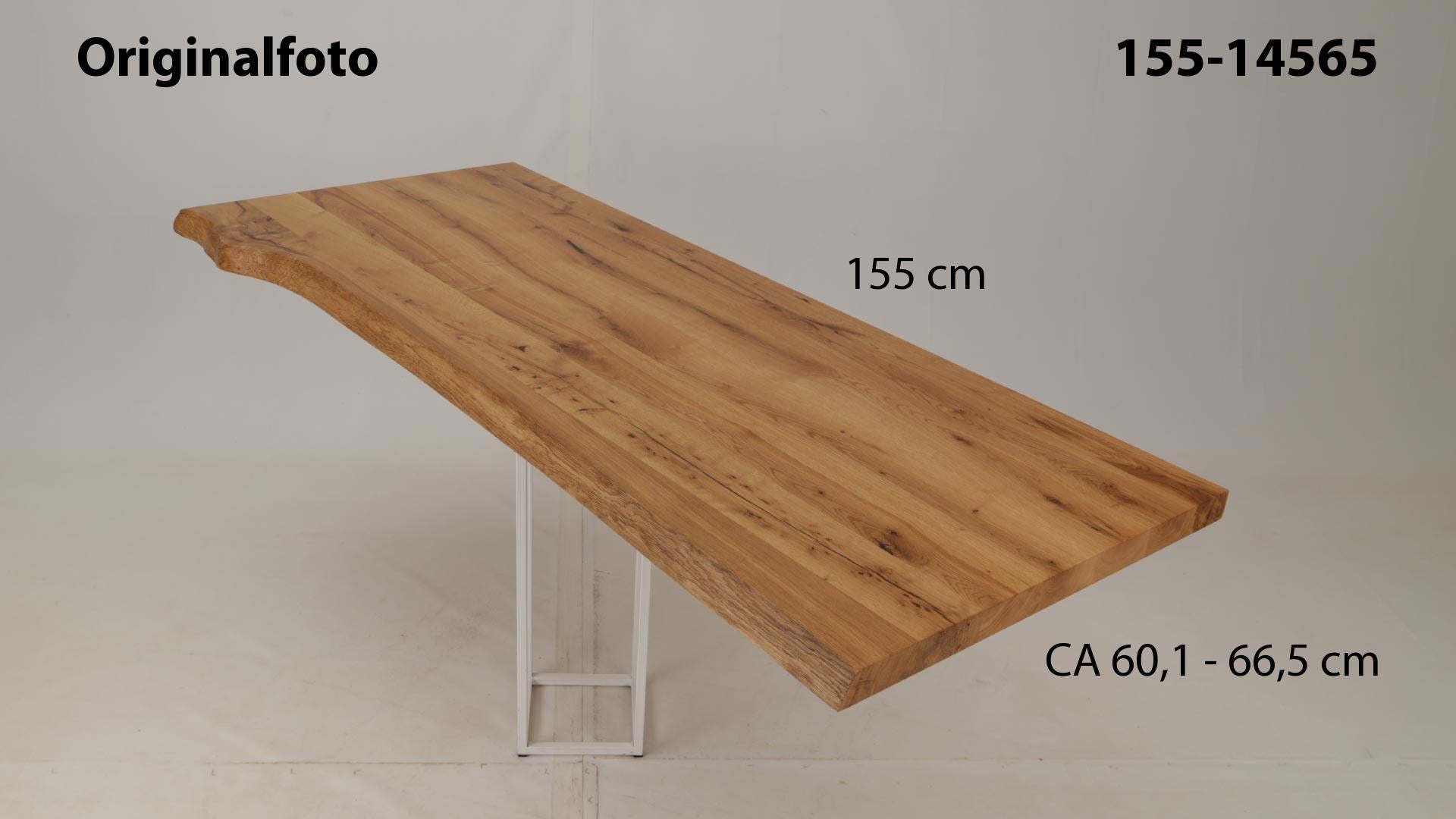 Eichenholz-Tischplatte Nummer 155-14565, Länge 155 cm cm, Breite ca. 60.1 cm–66.5 cm, mit gebürsteter Baumkante, geschliffen, 2 Schichten italienisches Öl, Äste und Risse mit Epoxidharz
