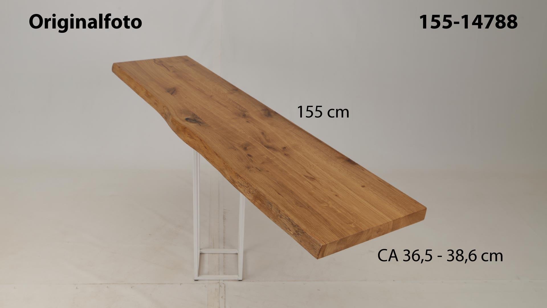 Eichenholz-Tischplatte Nummer 155-14788, Länge 155 cm cm, Breite ca. 36.5 cm–38.6 cm, mit gebürsteter Baumkante, geschliffen, 2 Schichten italienisches Öl, Äste und Risse mit Epoxidharz