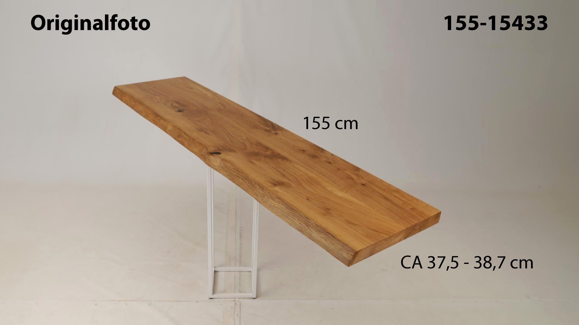 Eichenholz-Tischplatte Nummer 155-15433, Länge 155 cm cm, Breite ca. 37.5 cm–38.7 cm, mit gebürsteter Baumkante, geschliffen, 2 Schichten italienisches Öl, Äste und Risse mit Epoxidharz