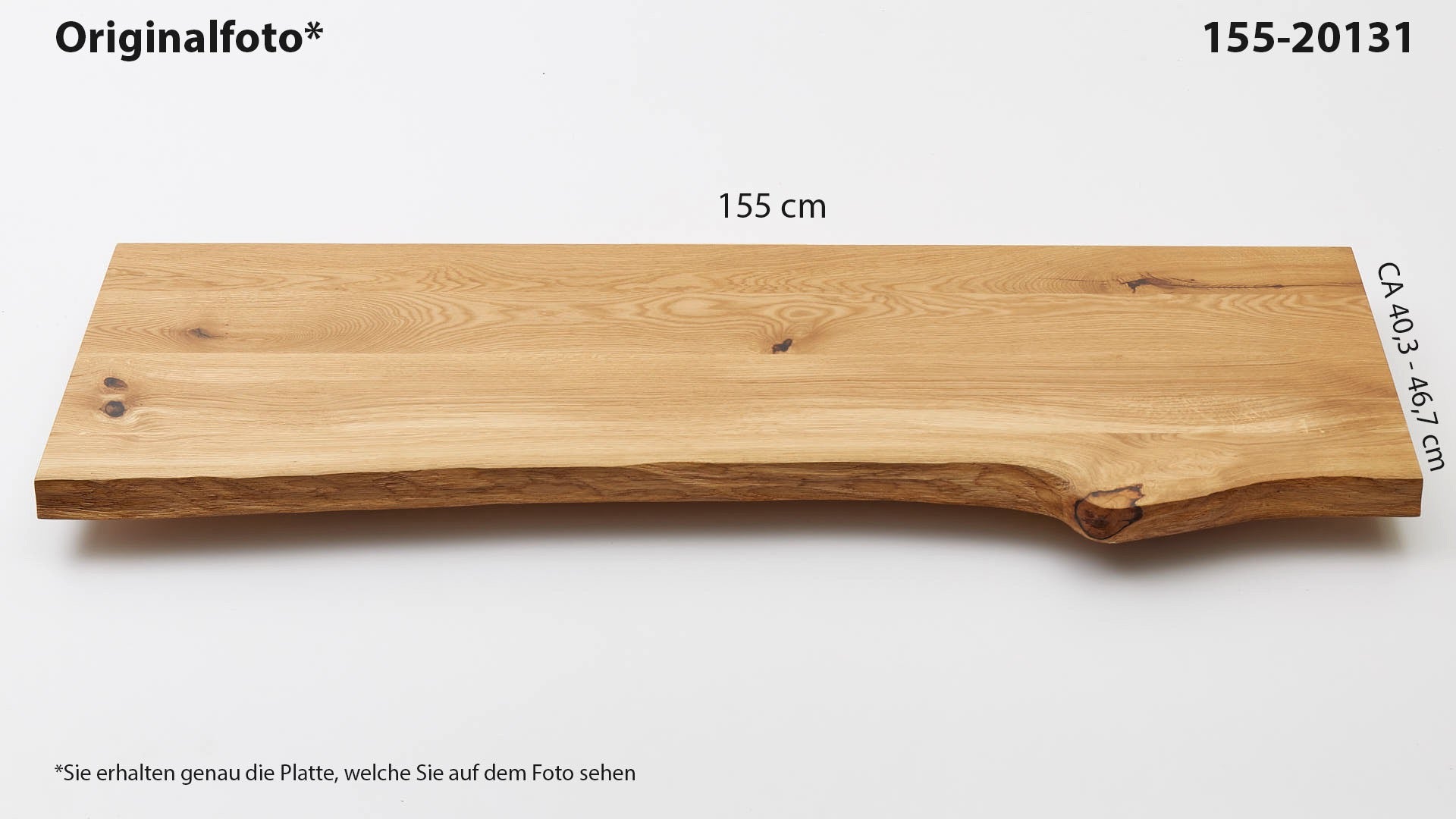 Eichenholz-Tischplatte Nummer 155-20131, Länge 155 cm cm, Breite ca. 40.3 cm–46.7 cm, mit gebürsteter Baumkante, geschliffen, 2 Schichten italienisches Öl, Äste und Risse mit Epoxidharz