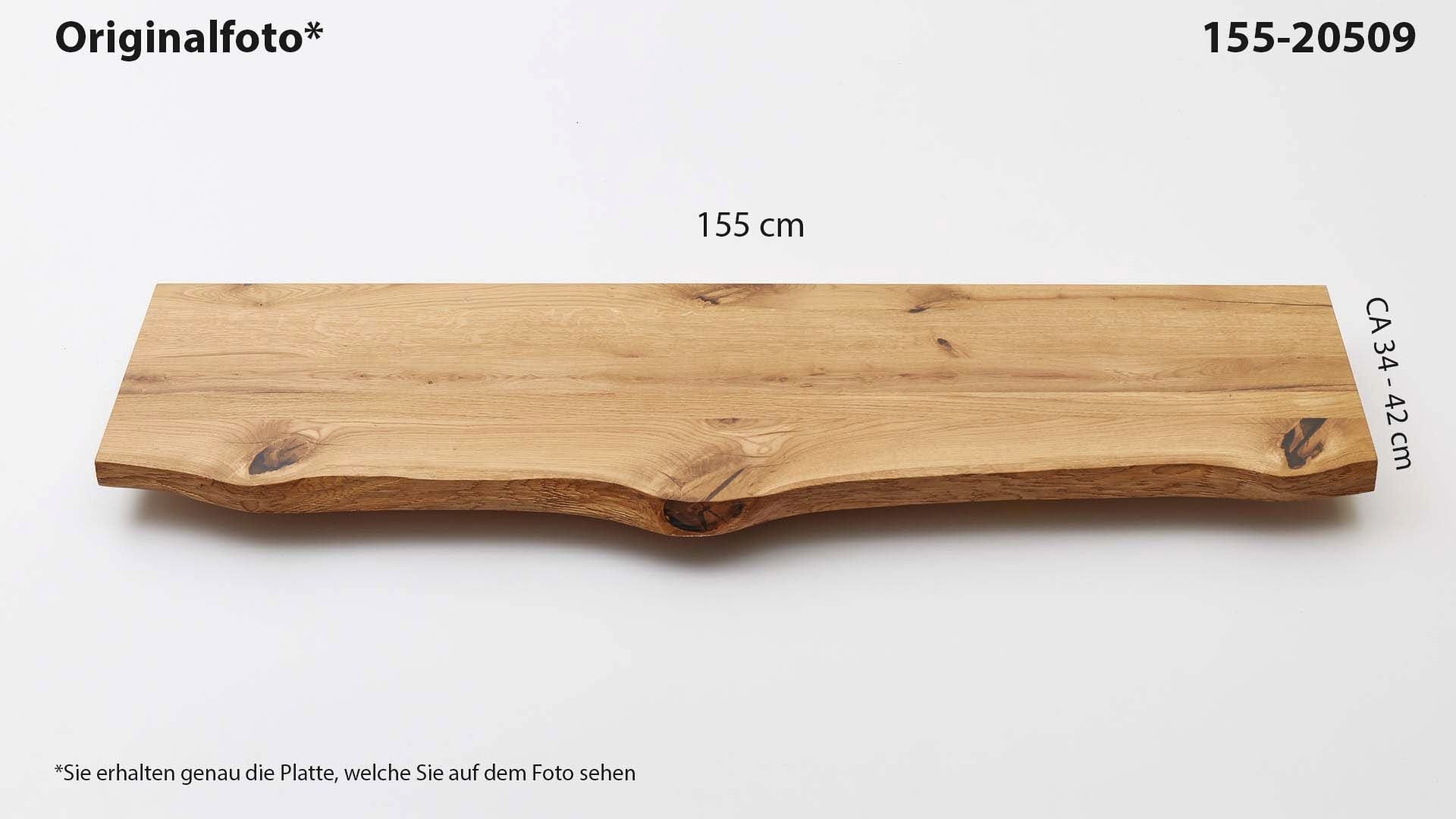 Eichenholz-Tischplatte Nummer 155-20509, Länge 155 cm cm, Breite ca. 34 cm–42 cm, mit gebürsteter Baumkante, geschliffen, 2 Schichten italienisches Öl, Äste und Risse mit Epoxidharz