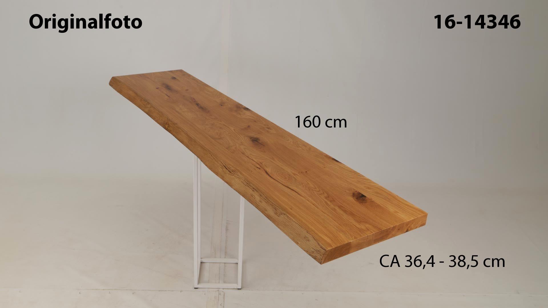 Eichenholz-Tischplatte Nummer 16-14346, Länge 160 cm cm, Breite ca. 36.4 cm–38.5 cm, mit gebürsteter Baumkante, geschliffen, 2 Schichten italienisches Öl, Äste und Risse mit Epoxidharz