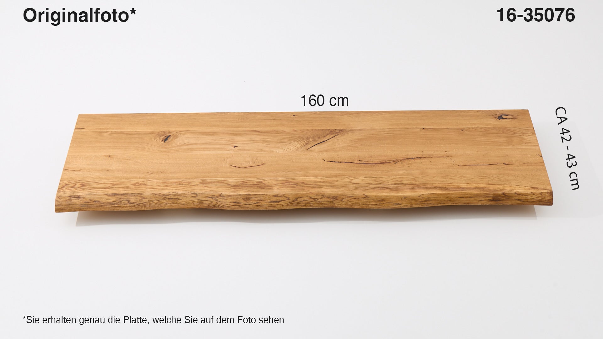 Eichenholz-Tischplatte Nummer 16-35076, Länge 160 cm cm, Breite ca. 42 cm–43 cm, mit gebürsteter Baumkante, geschliffen, 2 Schichten italienisches Öl, Äste und Risse mit Epoxidharz