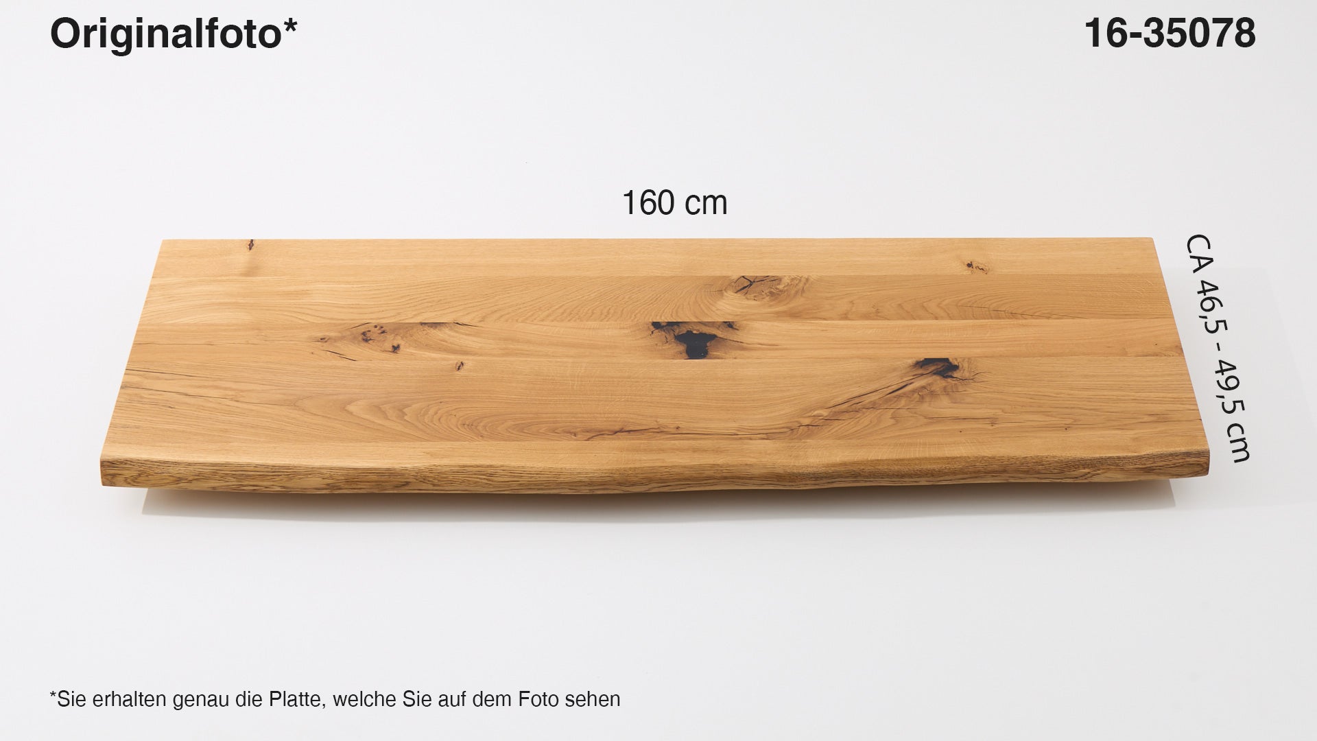 Eichenholz-Tischplatte Nummer 16-35078, Länge 160 cm cm, Breite ca. 46.5 cm–49.5 cm, mit gebürsteter Baumkante, geschliffen, 2 Schichten italienisches Öl, Äste und Risse mit Epoxidharz