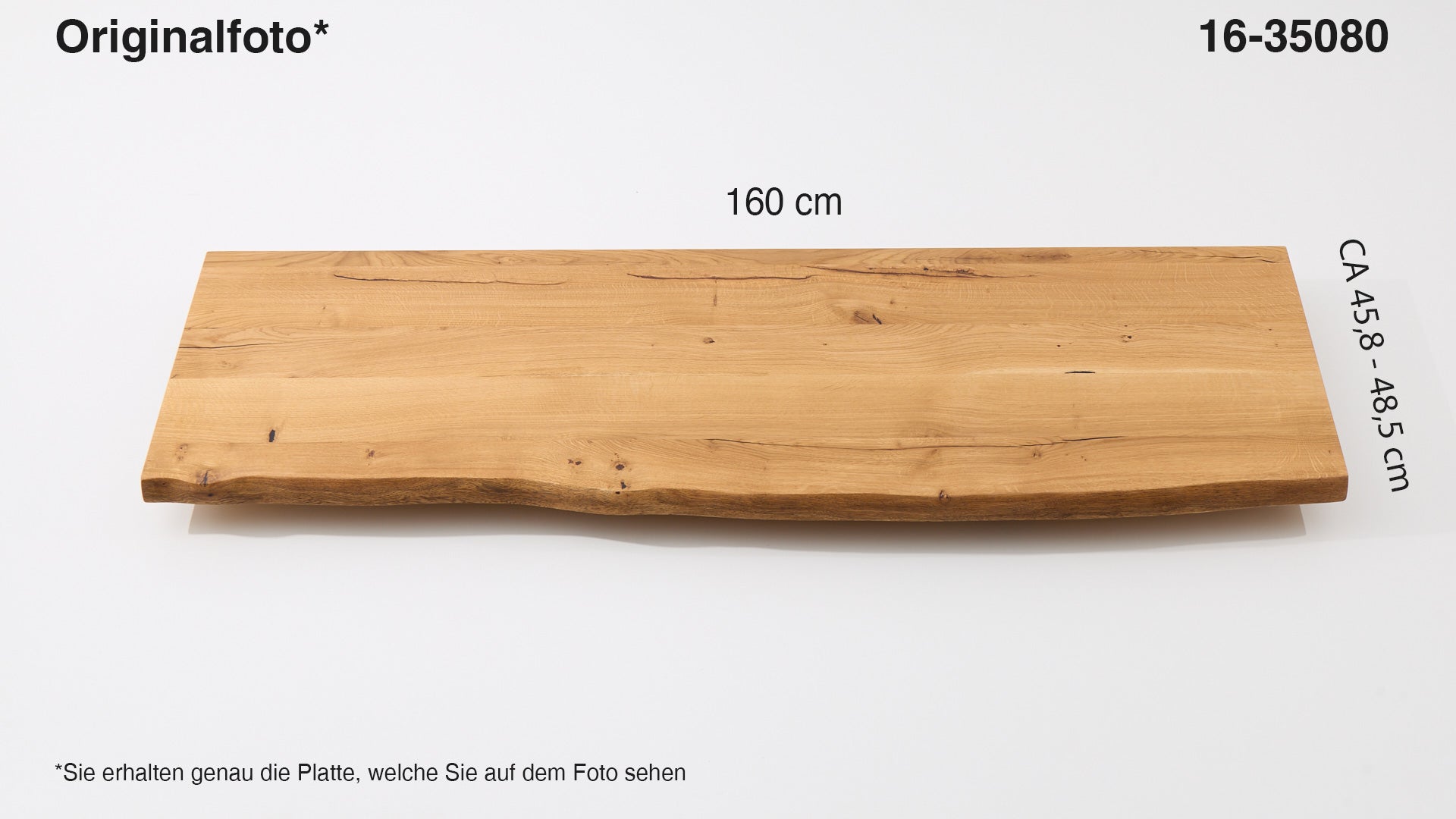 Eichenholz-Tischplatte Nummer 16-35080, Länge 160 cm cm, Breite ca. 45.8 cm–48.5 cm, mit gebürsteter Baumkante, geschliffen, 2 Schichten italienisches Öl, Äste und Risse mit Epoxidharz