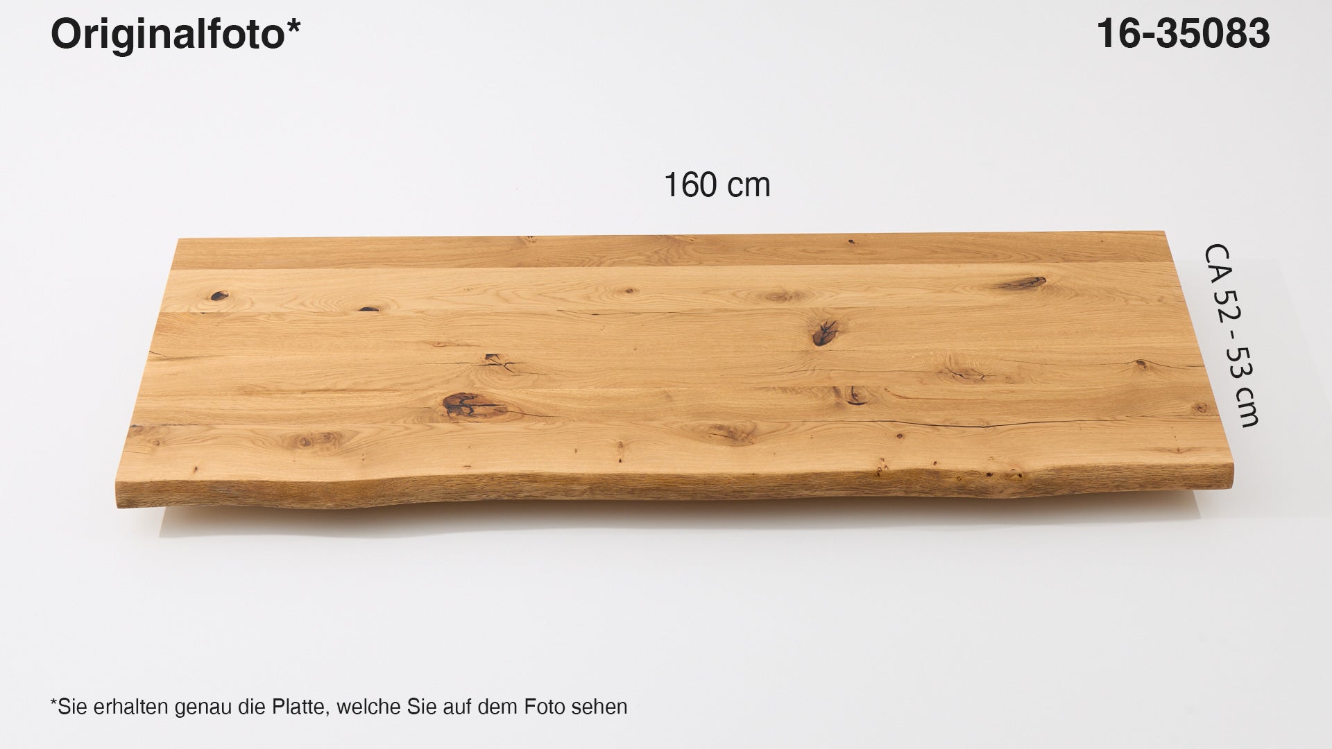 Eichenholz-Tischplatte Nummer 16-35083, Länge 160 cm cm, Breite ca. 52 cm–53 cm, mit gebürsteter Baumkante, geschliffen, 2 Schichten italienisches Öl, Äste und Risse mit Epoxidharz