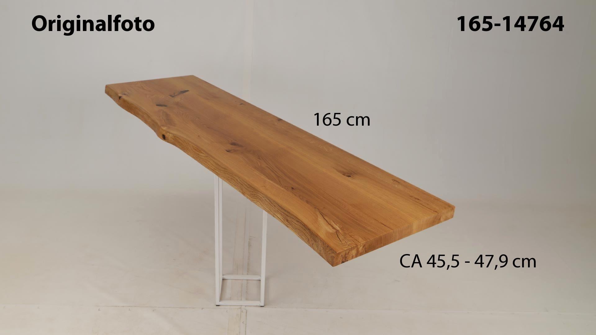Eichenholz-Tischplatte Nummer 165-14764, Länge 165 cm cm, Breite ca. 45.5 cm–47.9 cm, mit gebürsteter Baumkante, geschliffen, 2 Schichten italienisches Öl, Äste und Risse mit Epoxidharz