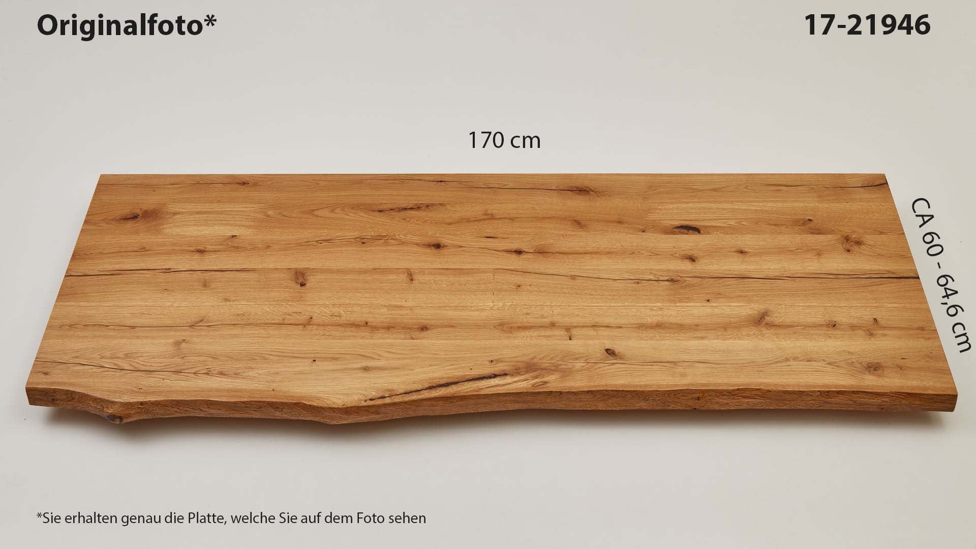 Eichenholz-Tischplatte Nummer 17-21946, Länge 170 cm cm, Breite ca. 60 cm–64.6 cm, mit gebürsteter Baumkante, geschliffen, 2 Schichten italienisches Öl, Äste und Risse mit Epoxidharz