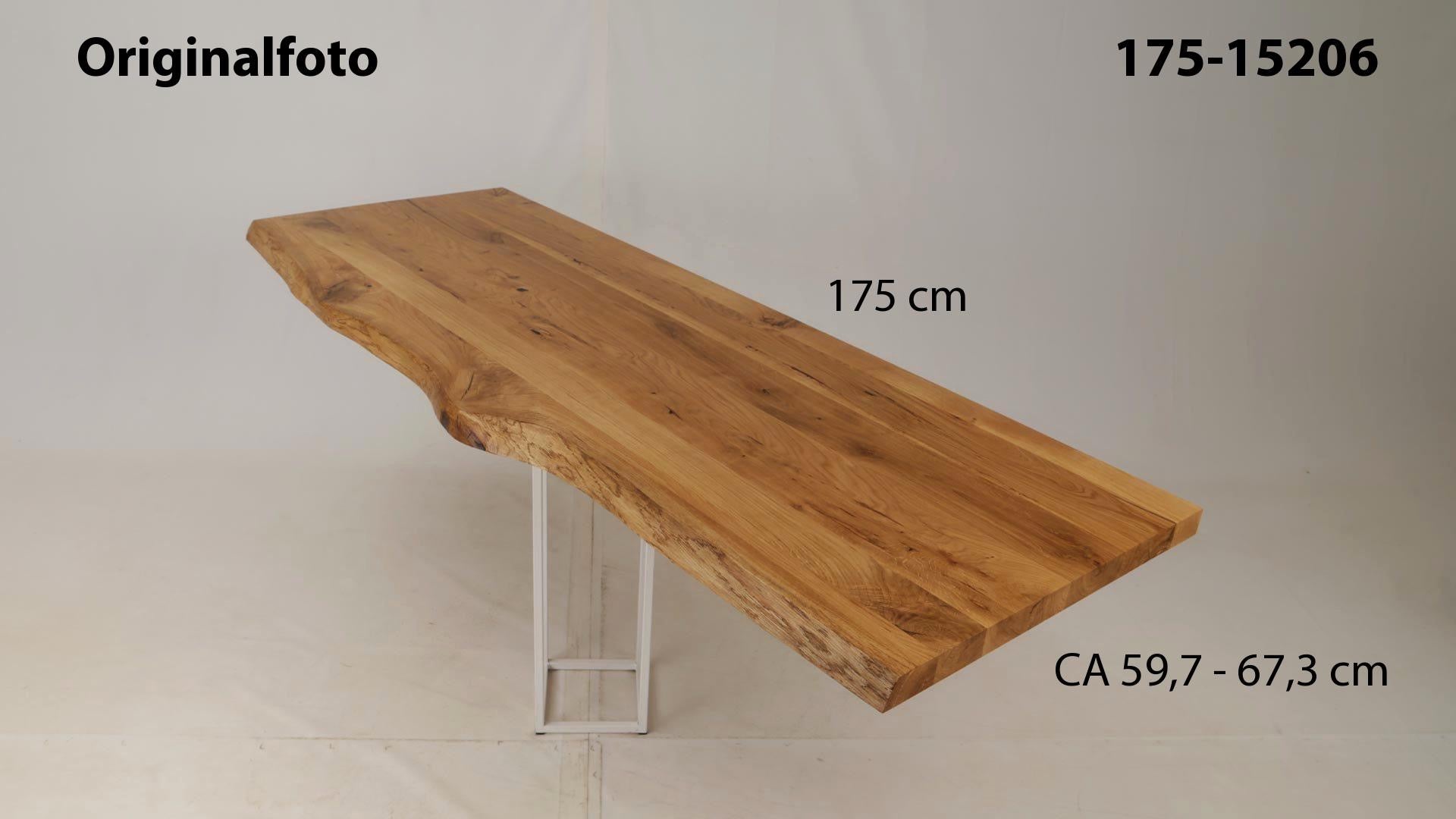 Eichenholz-Tischplatte Nummer 175-15206, Länge 175 cm cm, Breite ca. 59.7 cm–67.3 cm, mit gebürsteter Baumkante, geschliffen, 2 Schichten italienisches Öl, Äste und Risse mit Epoxidharz