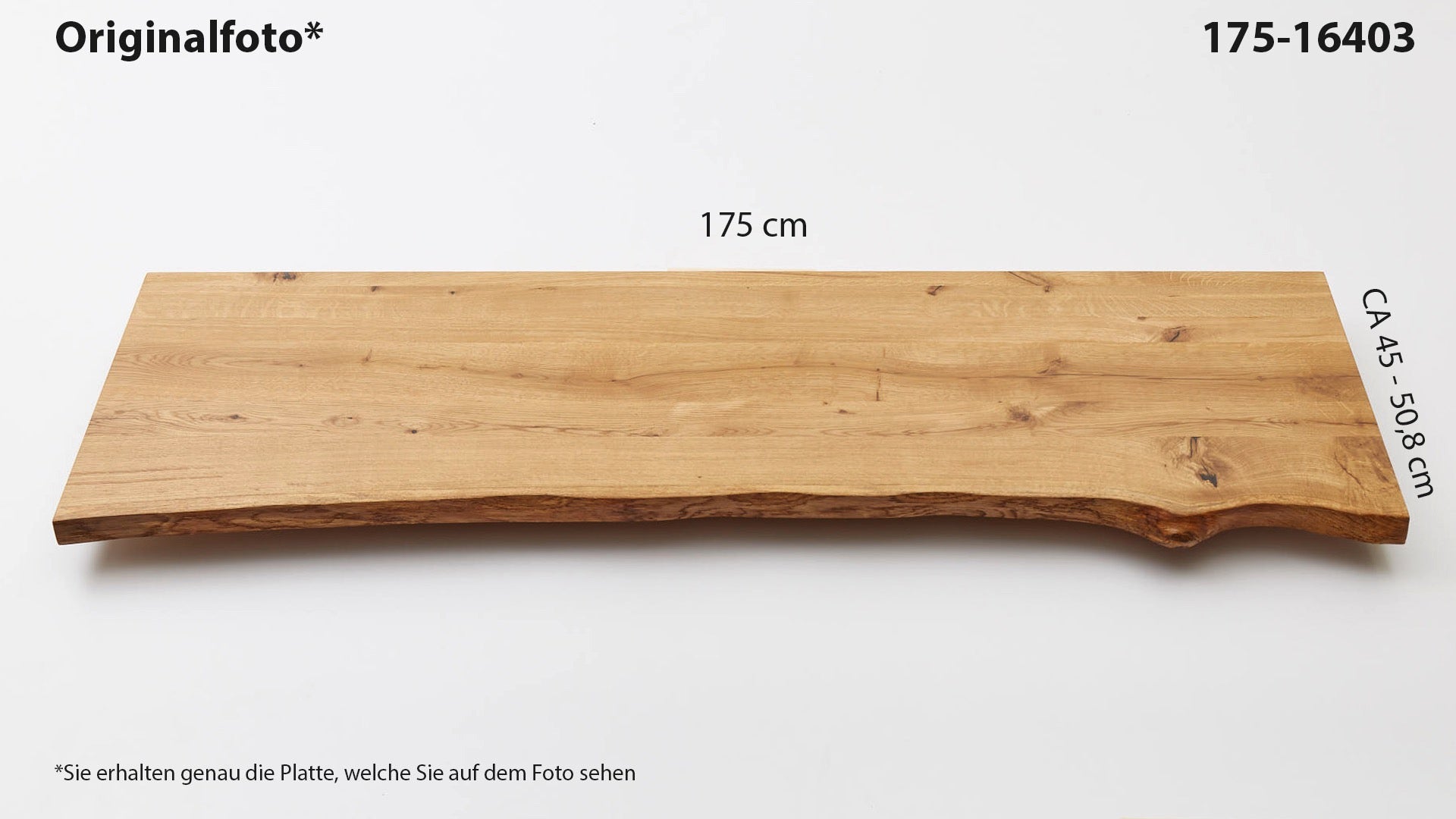 Eichenholz-Tischplatte Nummer 175-16403, Länge 175 cm cm, Breite ca. 45 cm–50.8 cm, mit gebürsteter Baumkante, geschliffen, 2 Schichten italienisches Öl, Äste und Risse mit Epoxidharz