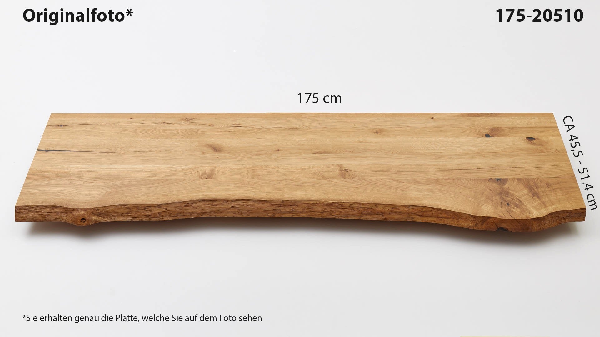 Eichenholz-Tischplatte Nummer 175-20510, Länge 175 cm cm, Breite ca. 45.5 cm–51.4 cm, mit gebürsteter Baumkante, geschliffen, 2 Schichten italienisches Öl, Äste und Risse mit Epoxidharz